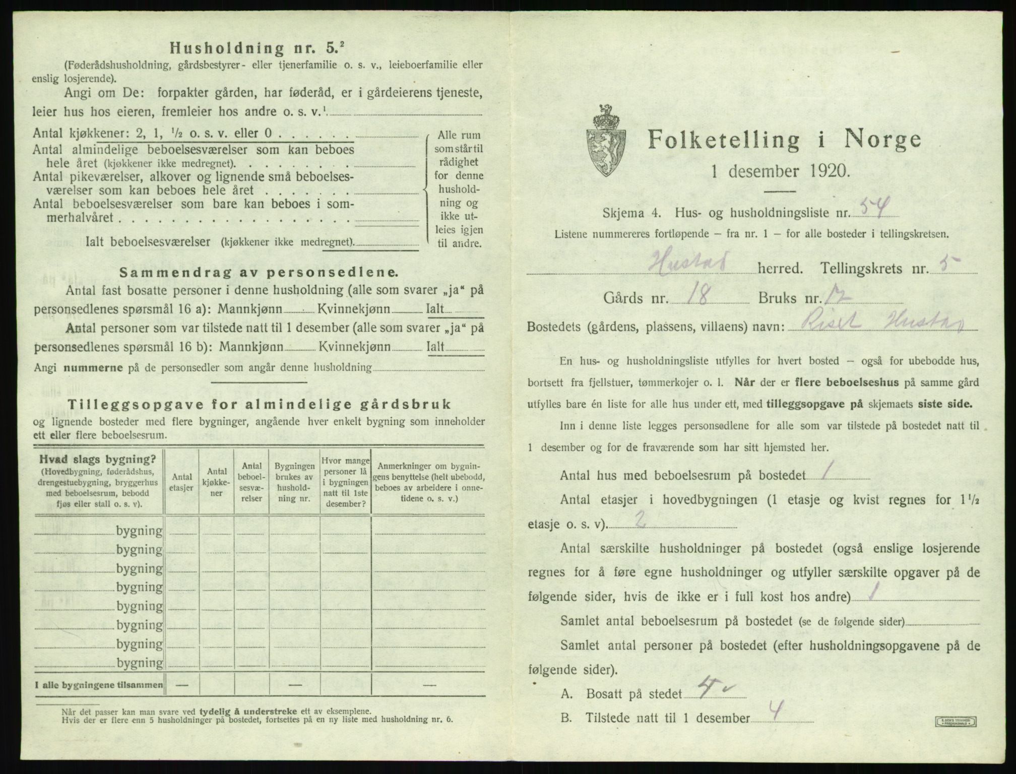 SAT, 1920 census for Hustad, 1920, p. 599