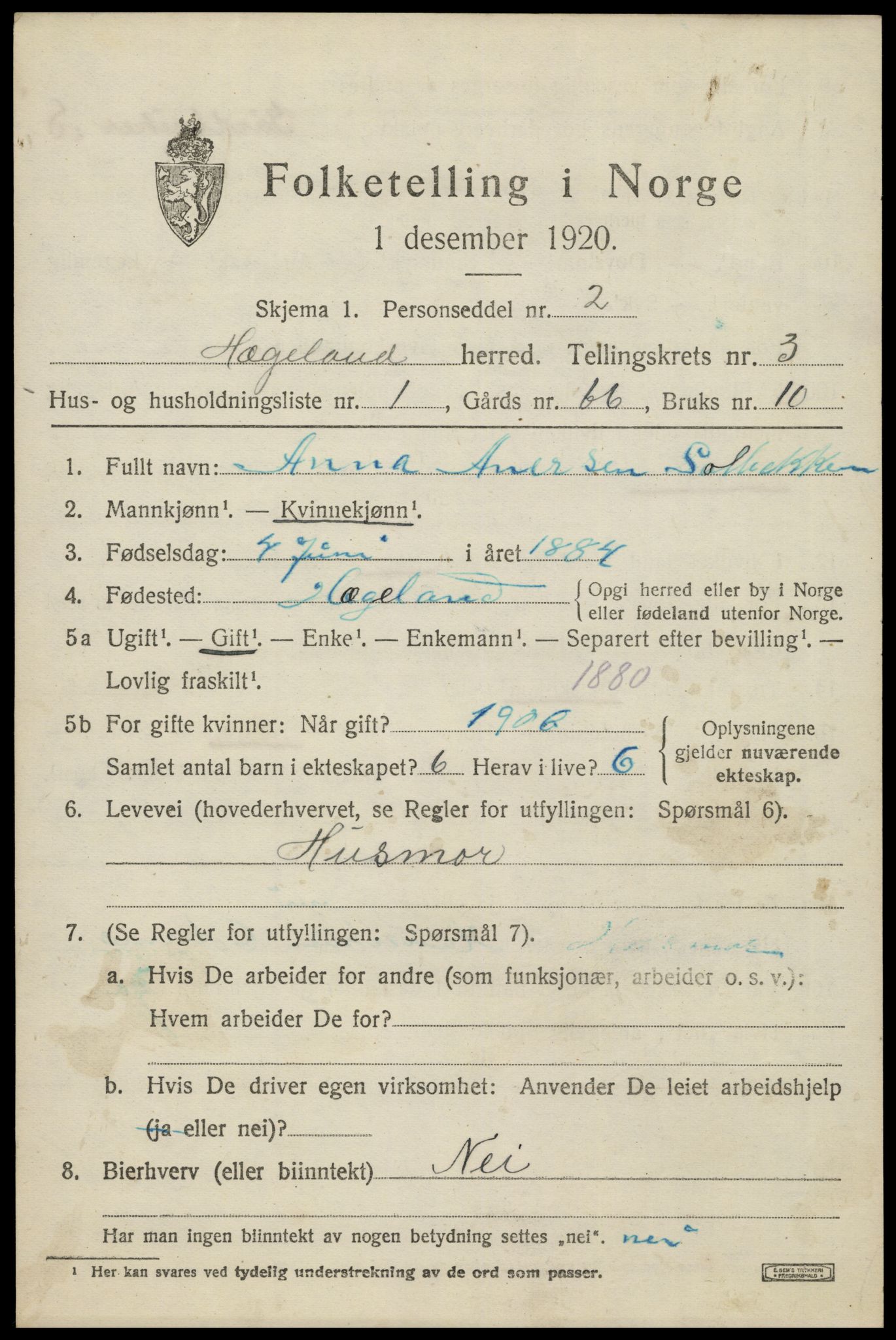 SAK, 1920 census for Hægeland, 1920, p. 939