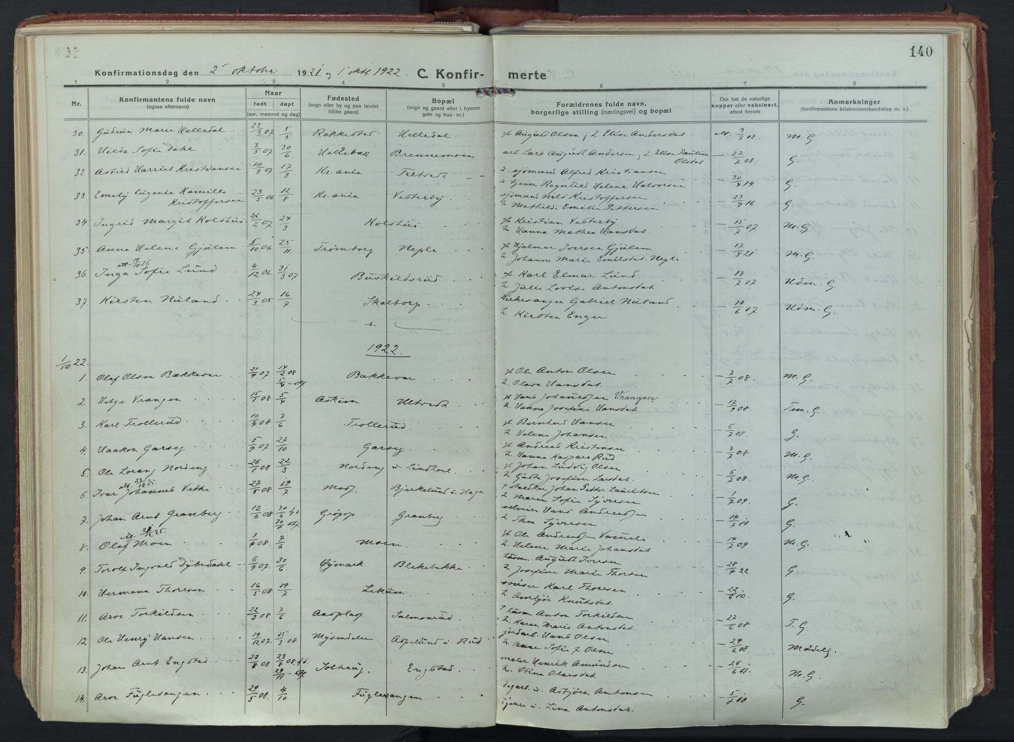 Eidsberg prestekontor Kirkebøker, AV/SAO-A-10905/F/Fa/L0015: Parish register (official) no. I 15, 1920-1937, p. 140