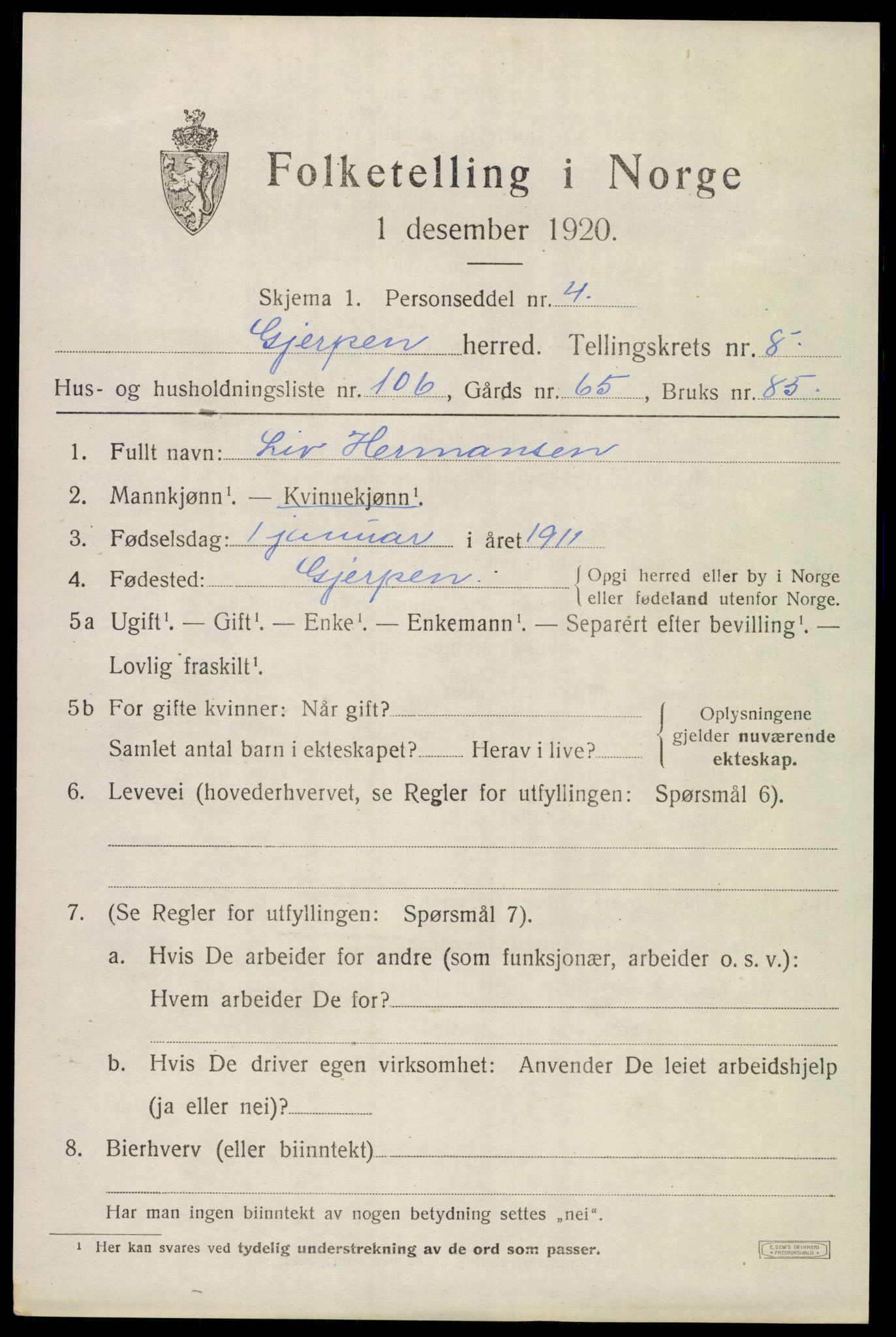 SAKO, 1920 census for Gjerpen, 1920, p. 10758