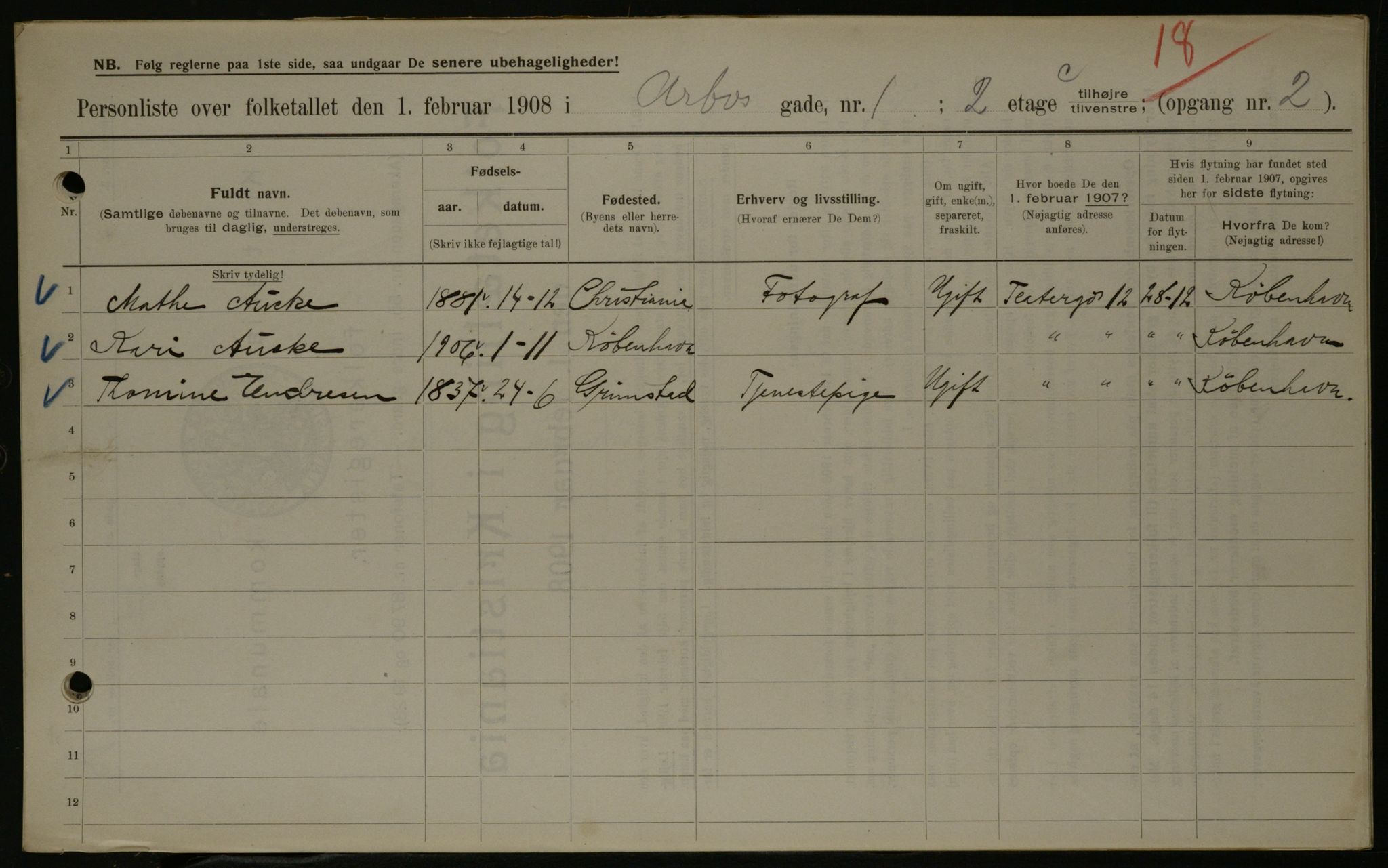OBA, Municipal Census 1908 for Kristiania, 1908, p. 1934