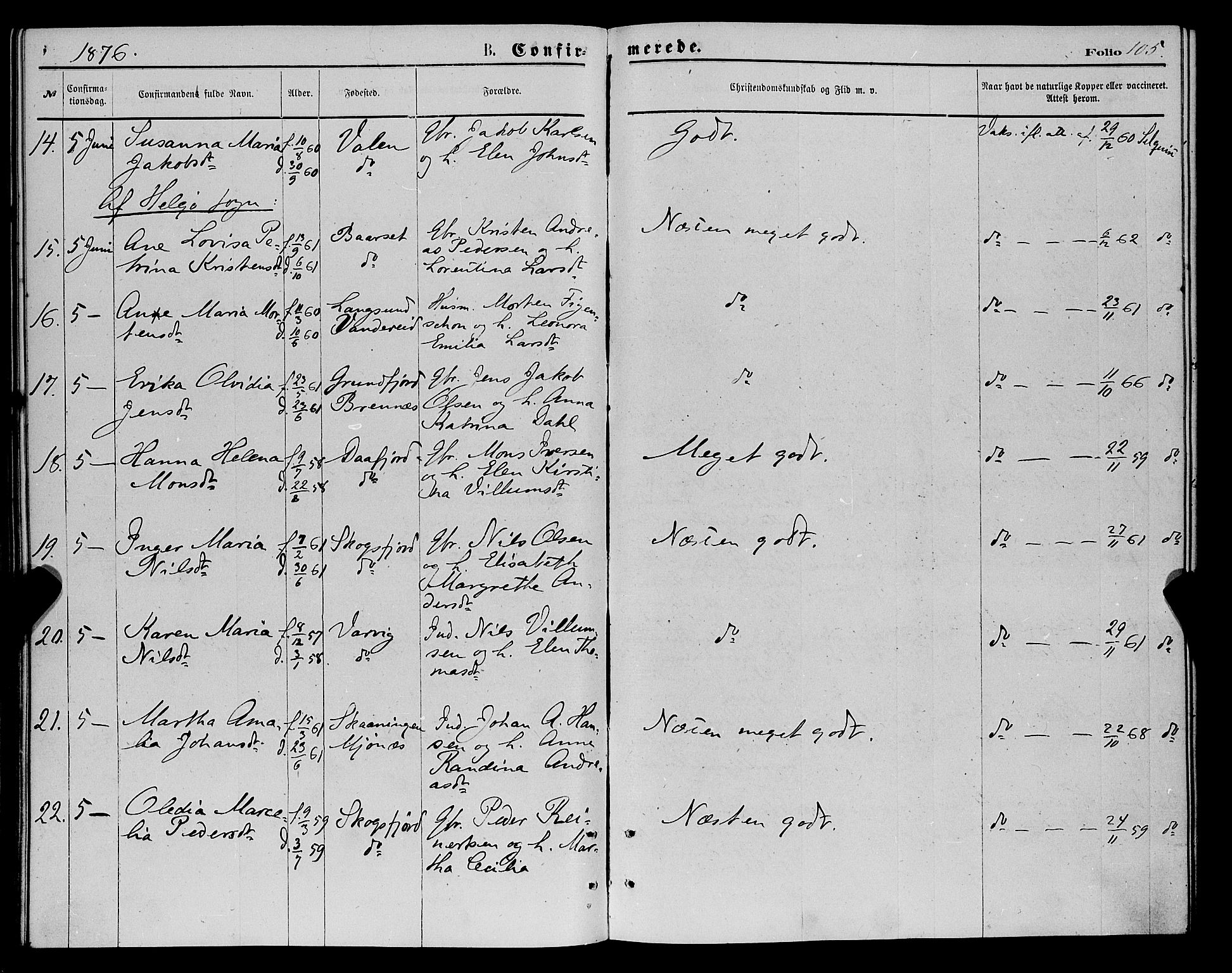 Karlsøy sokneprestembete, AV/SATØ-S-1299/H/Ha/Haa/L0005kirke: Parish register (official) no. 5, 1872-1878, p. 105