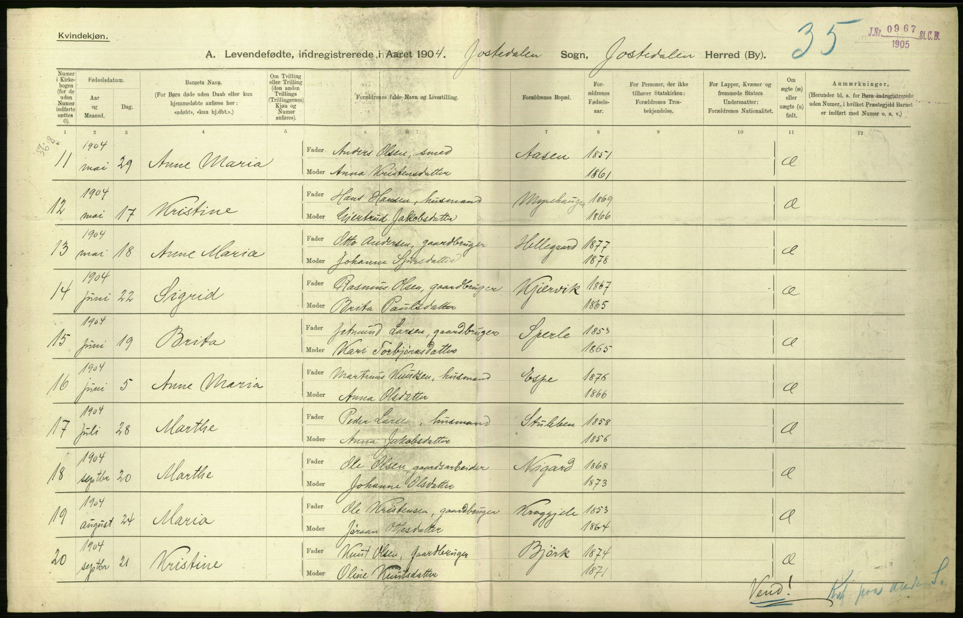 Statistisk sentralbyrå, Sosiodemografiske emner, Befolkning, RA/S-2228/D/Df/Dfa/Dfab/L0015: Nordre Bergenhus amt: Fødte, gifte, døde. Bygder, 1904, p. 406