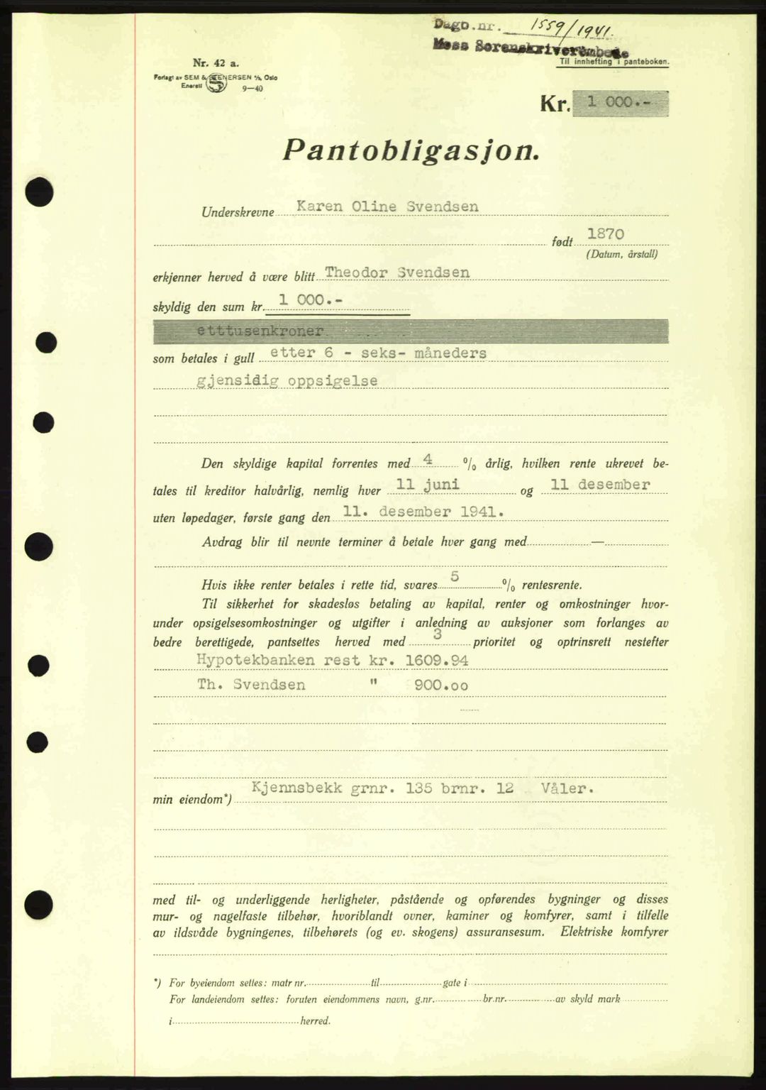 Moss sorenskriveri, AV/SAO-A-10168: Mortgage book no. B11, 1941-1942, Diary no: : 1559/1941