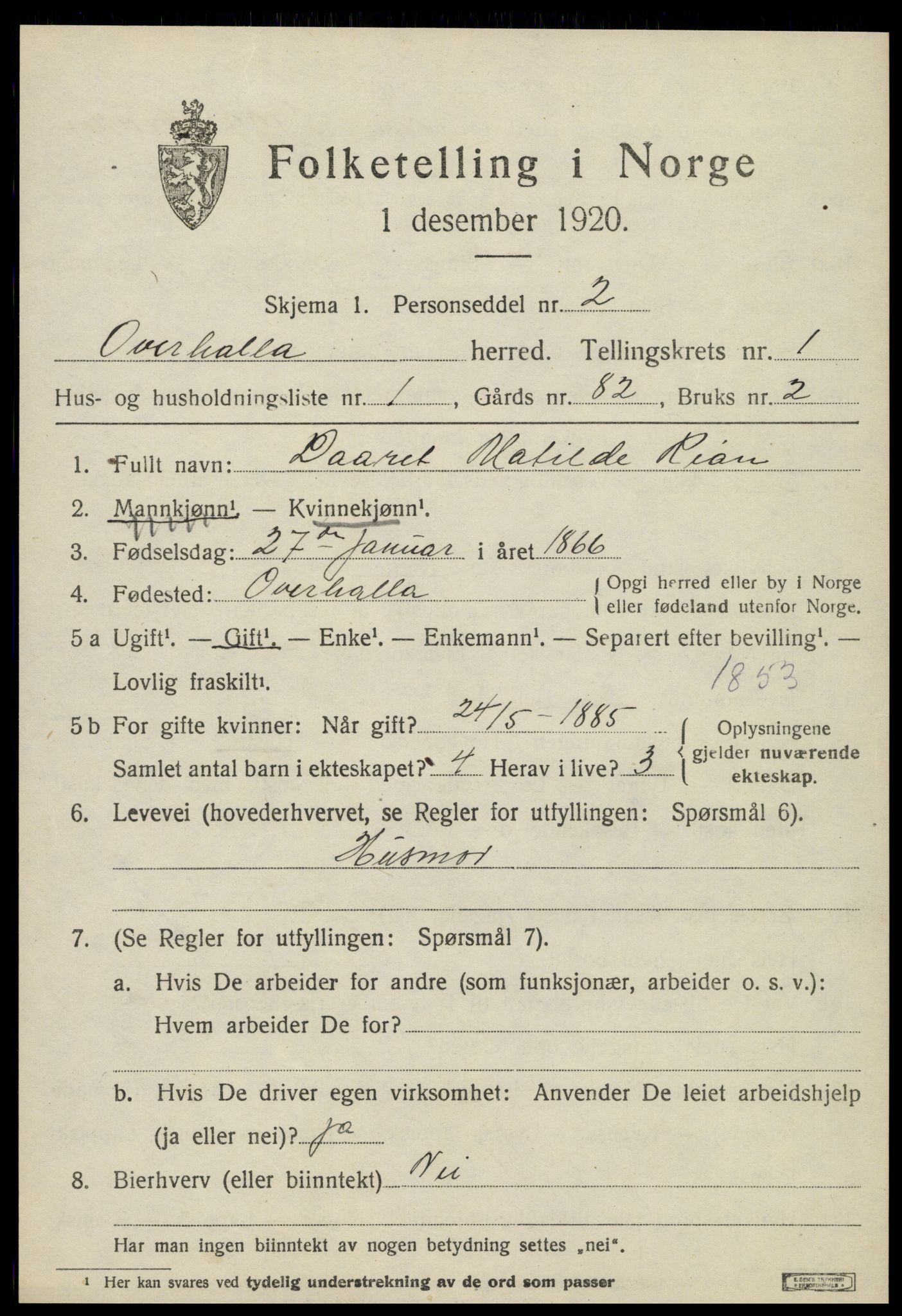 SAT, 1920 census for Overhalla, 1920, p. 960