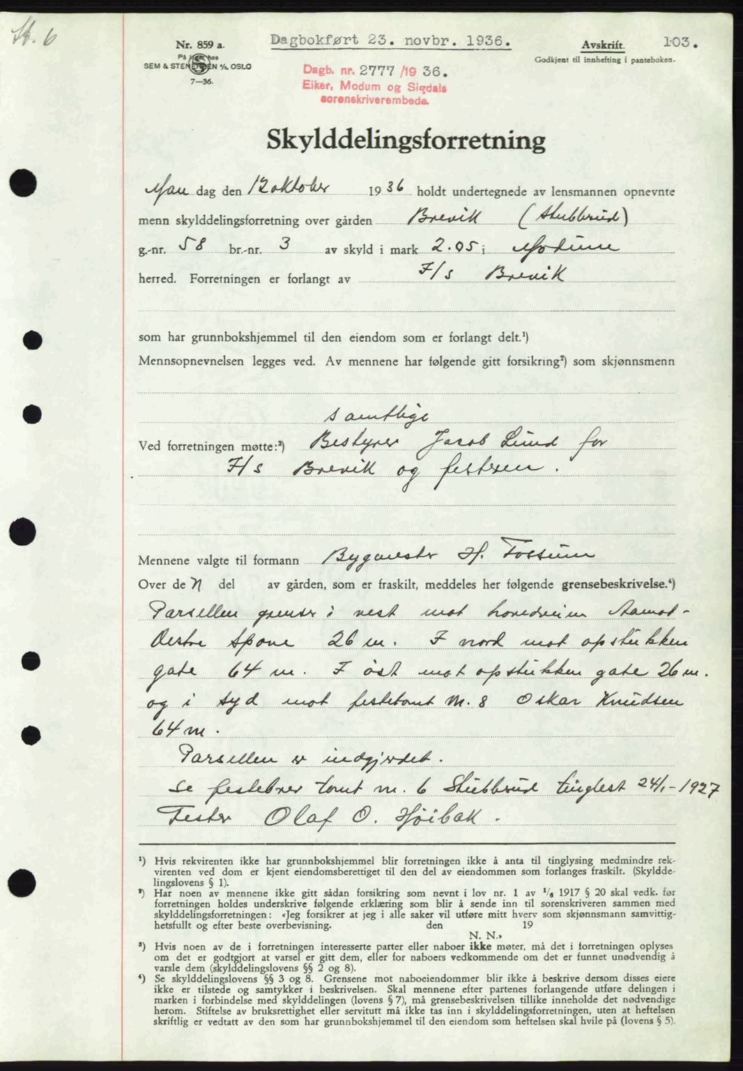 Eiker, Modum og Sigdal sorenskriveri, SAKO/A-123/G/Ga/Gab/L0034: Mortgage book no. A4, 1936-1937, Diary no: : 2777/1936