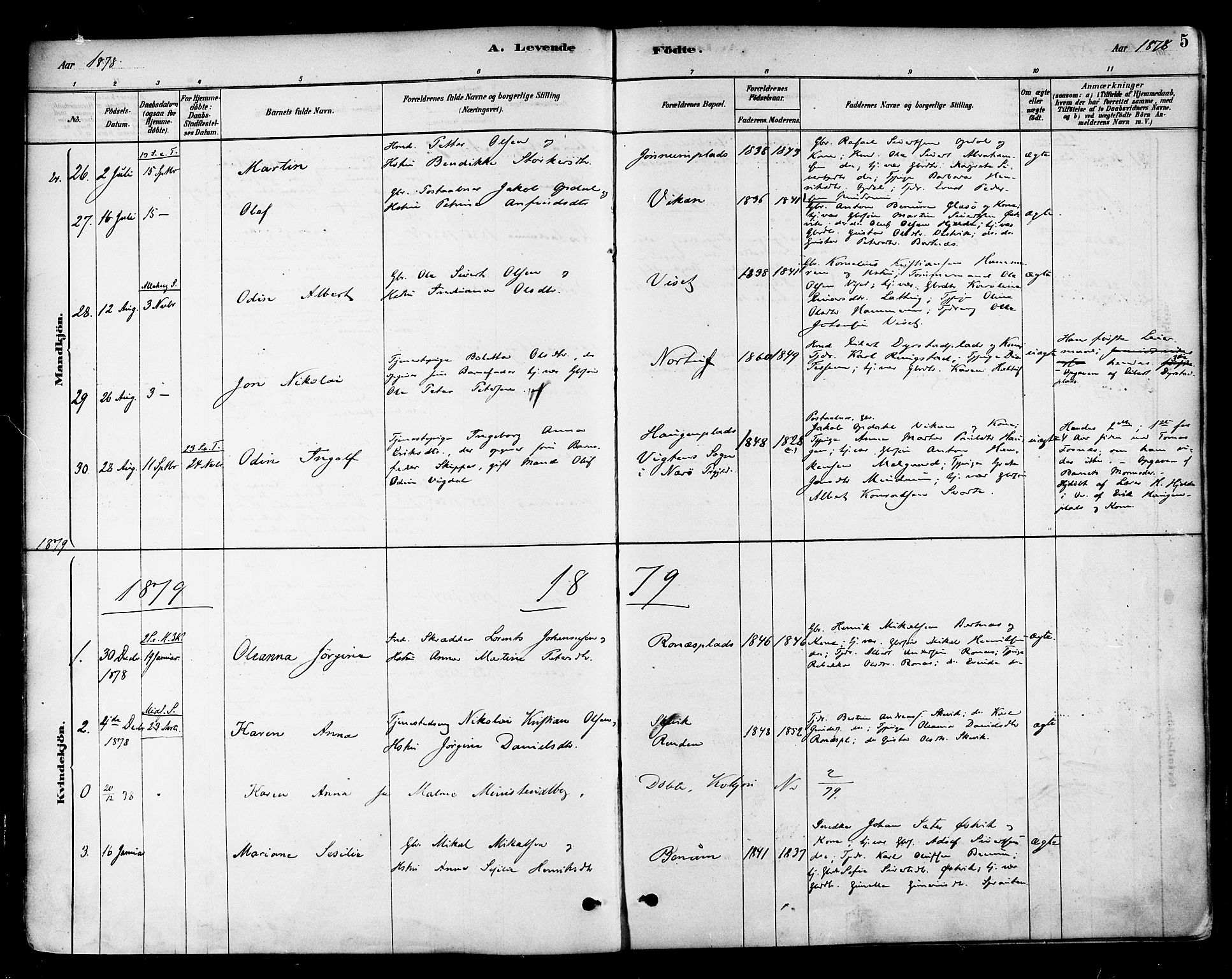 Ministerialprotokoller, klokkerbøker og fødselsregistre - Nord-Trøndelag, SAT/A-1458/741/L0395: Parish register (official) no. 741A09, 1878-1888, p. 5