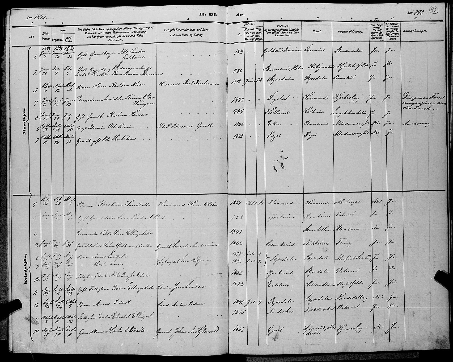 Hole kirkebøker, AV/SAKO-A-228/G/Gb/L0003: Parish register (copy) no. II 3, 1890-1901, p. 92