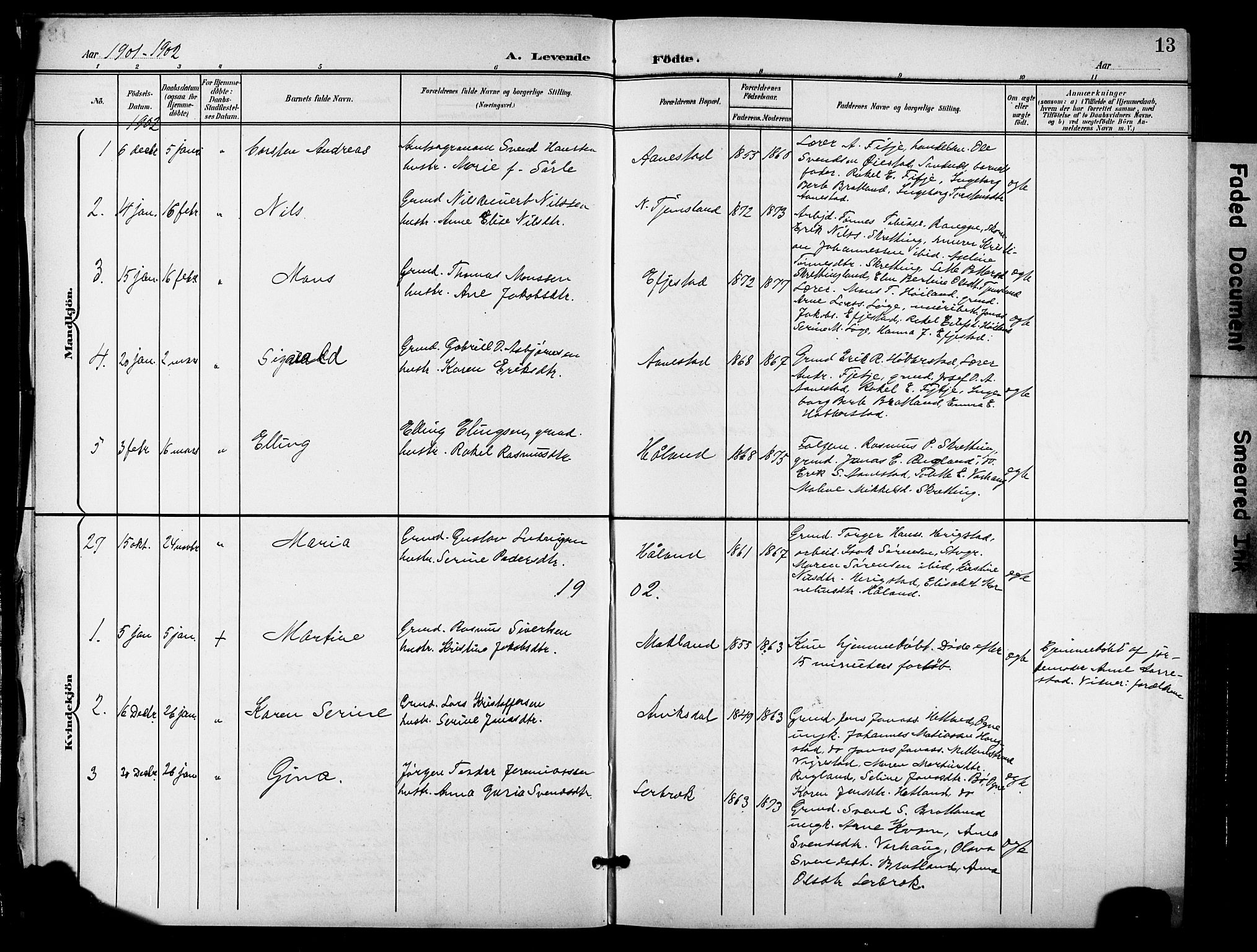 Hå sokneprestkontor, SAST/A-101801/001/30BB/L0006: Parish register (copy) no. B 6, 1900-1924, p. 13