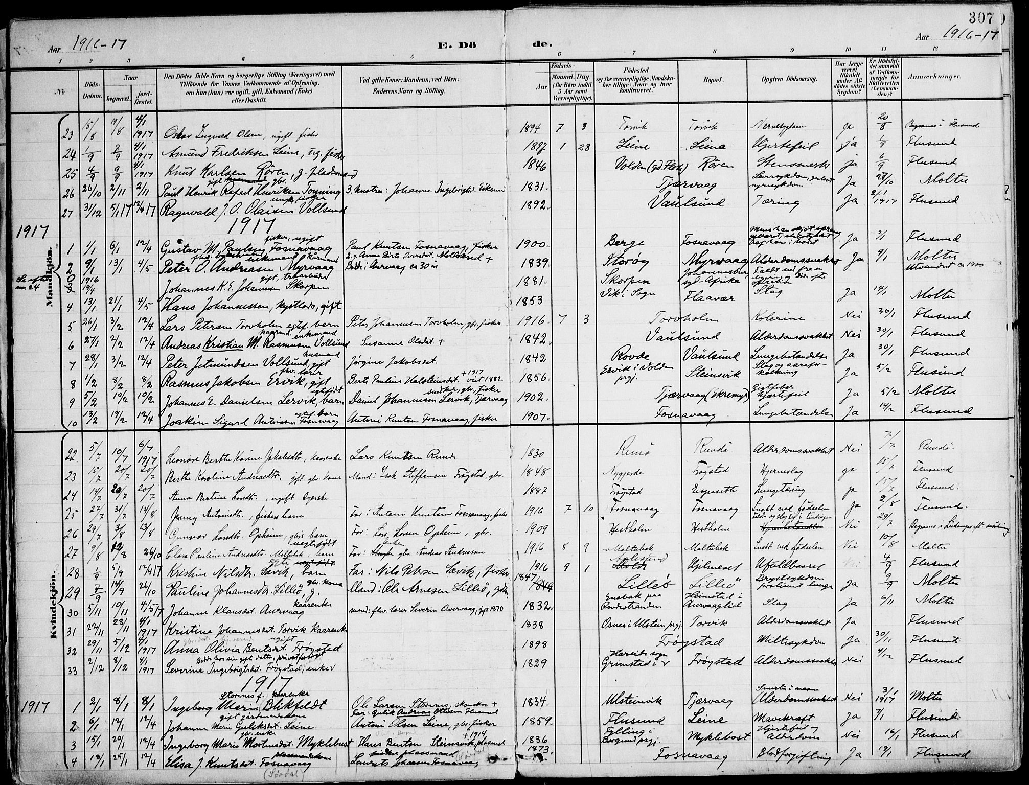 Ministerialprotokoller, klokkerbøker og fødselsregistre - Møre og Romsdal, SAT/A-1454/507/L0075: Parish register (official) no. 507A10, 1901-1920, p. 307