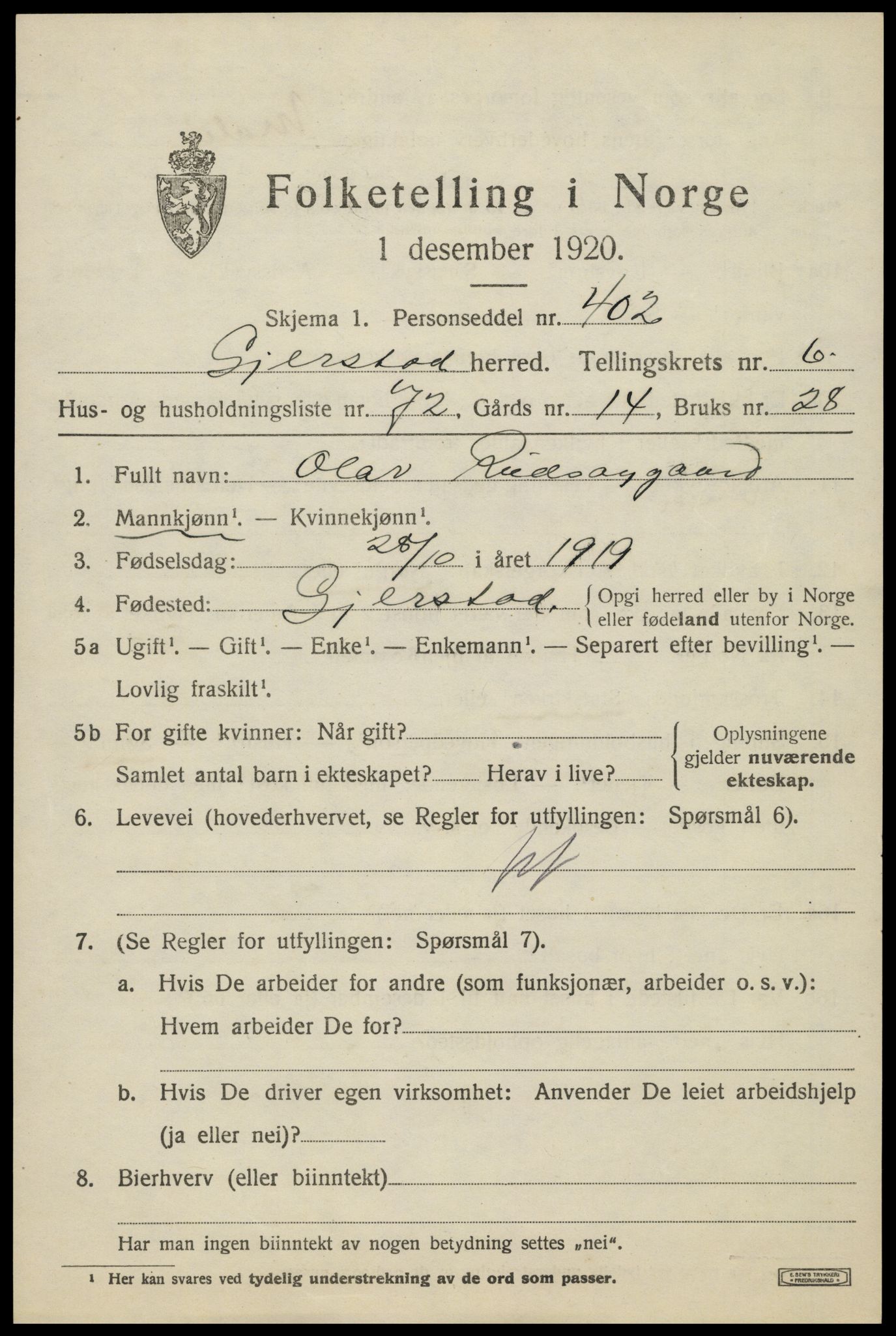 SAK, 1920 census for Gjerstad, 1920, p. 4625