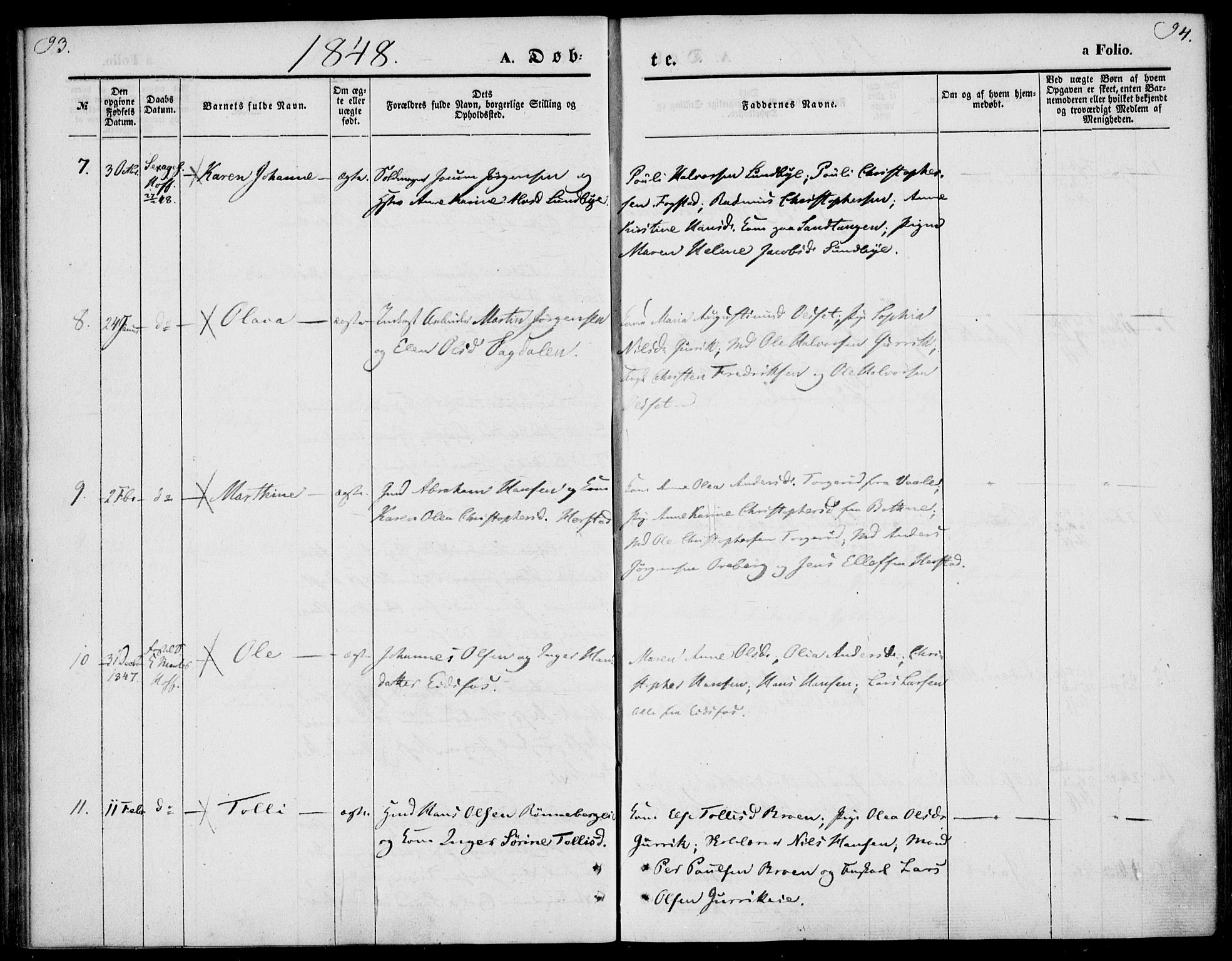 Hof kirkebøker, AV/SAKO-A-64/F/Fa/L0005: Parish register (official) no. I 5, 1844-1851, p. 93-94