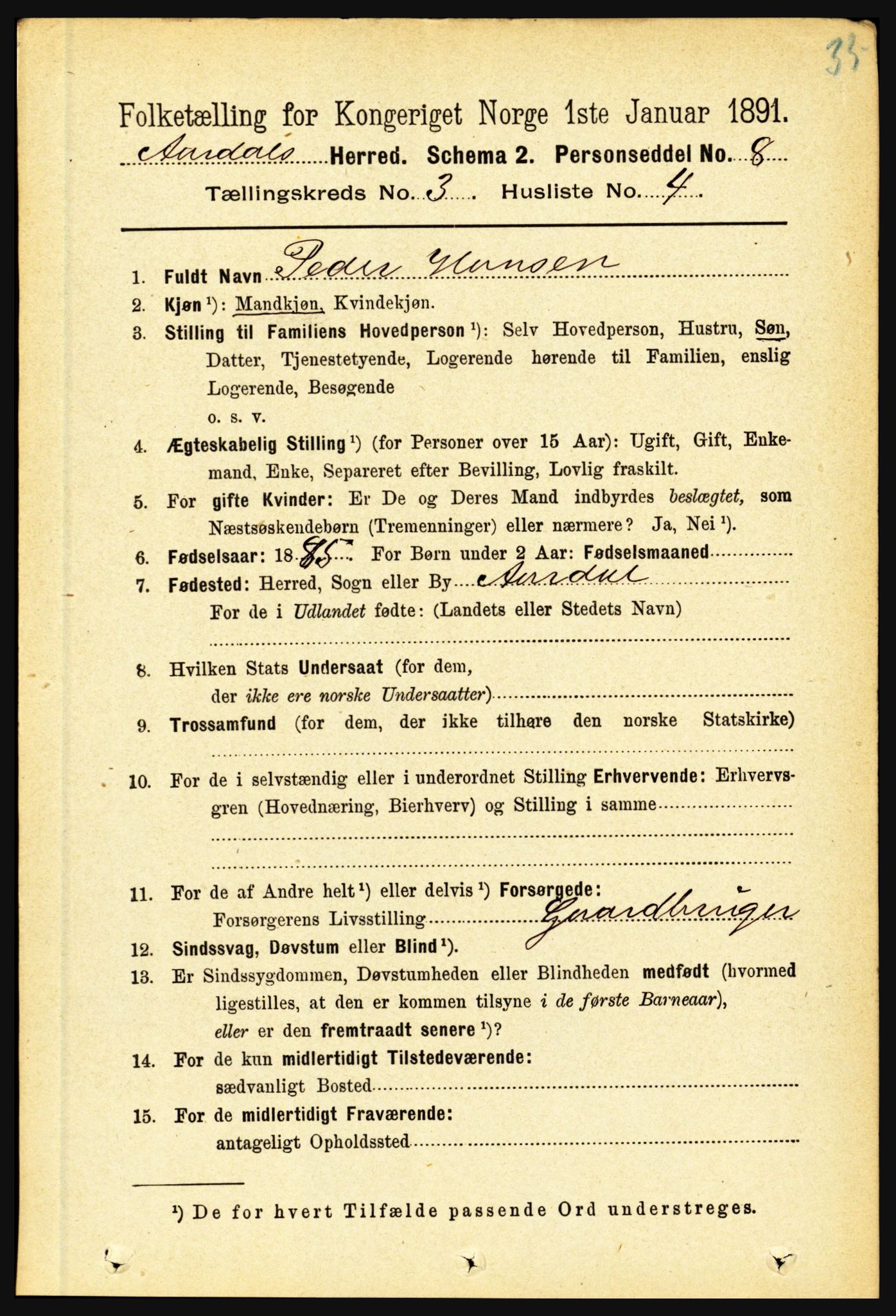 RA, 1891 census for 1424 Årdal, 1891, p. 414