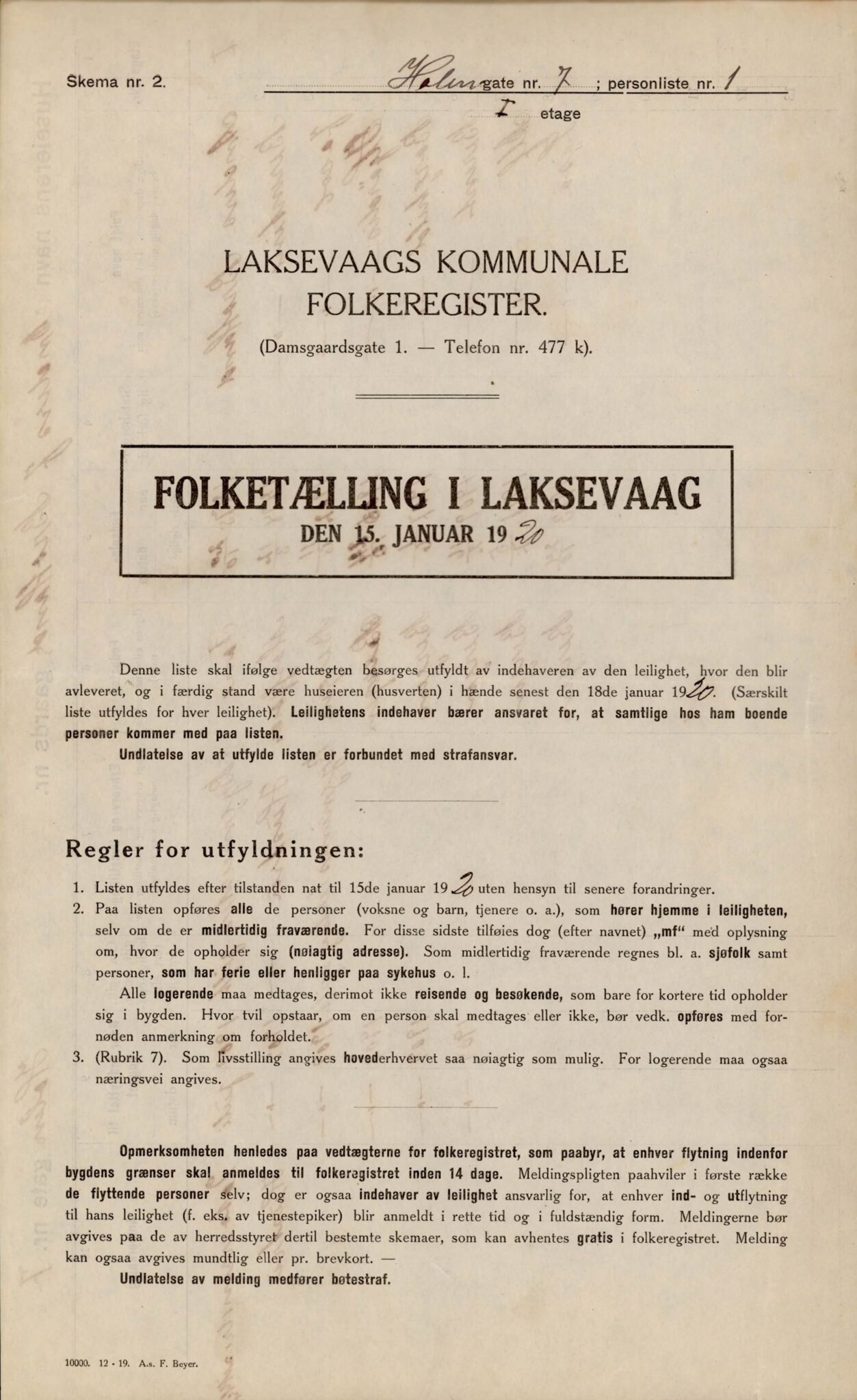 Laksevåg kommune. Folkeregisteret, BBA/A-1586/E/Ea/L0003: Folketellingskjema 1920, 1920