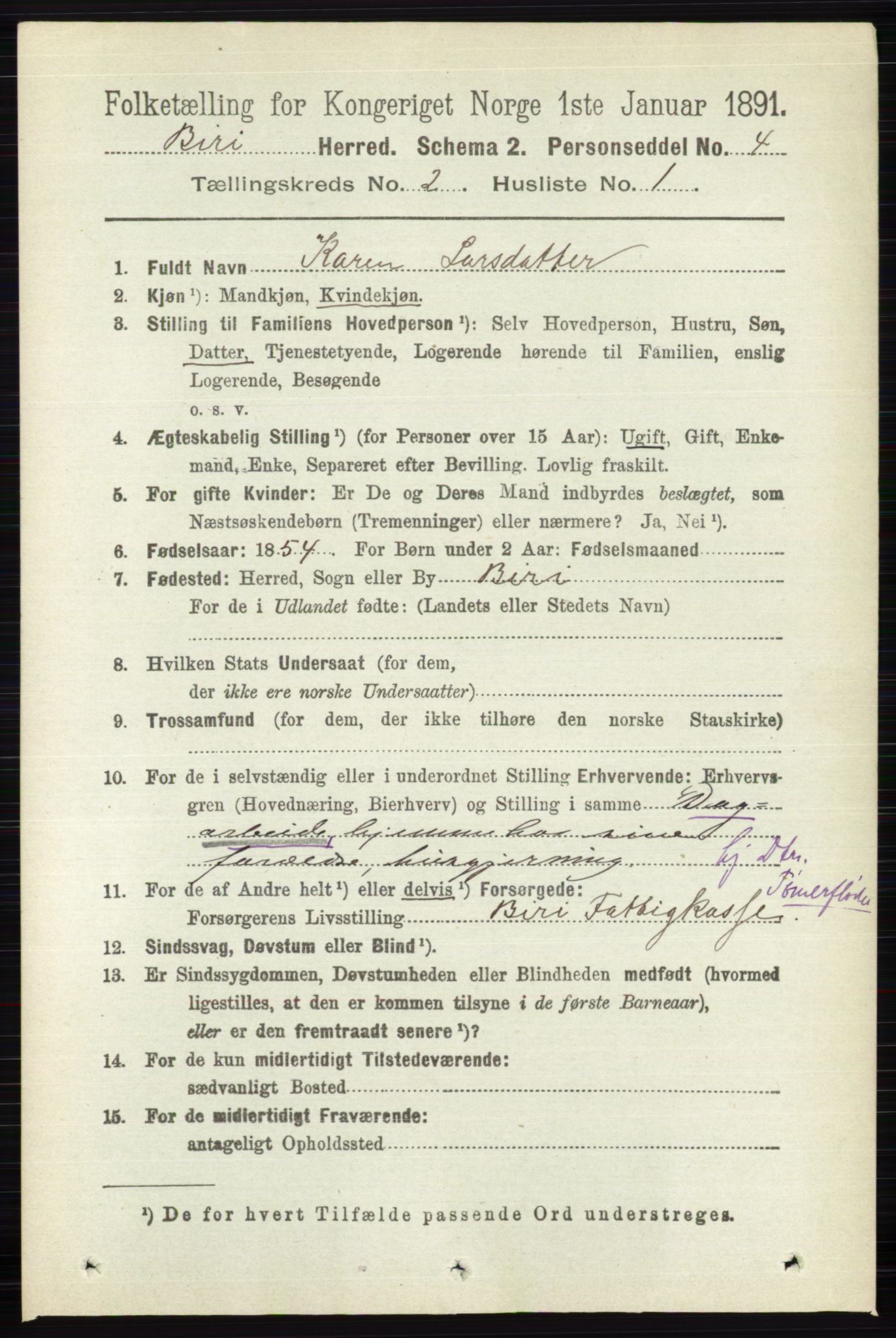 RA, 1891 census for 0525 Biri, 1891, p. 527