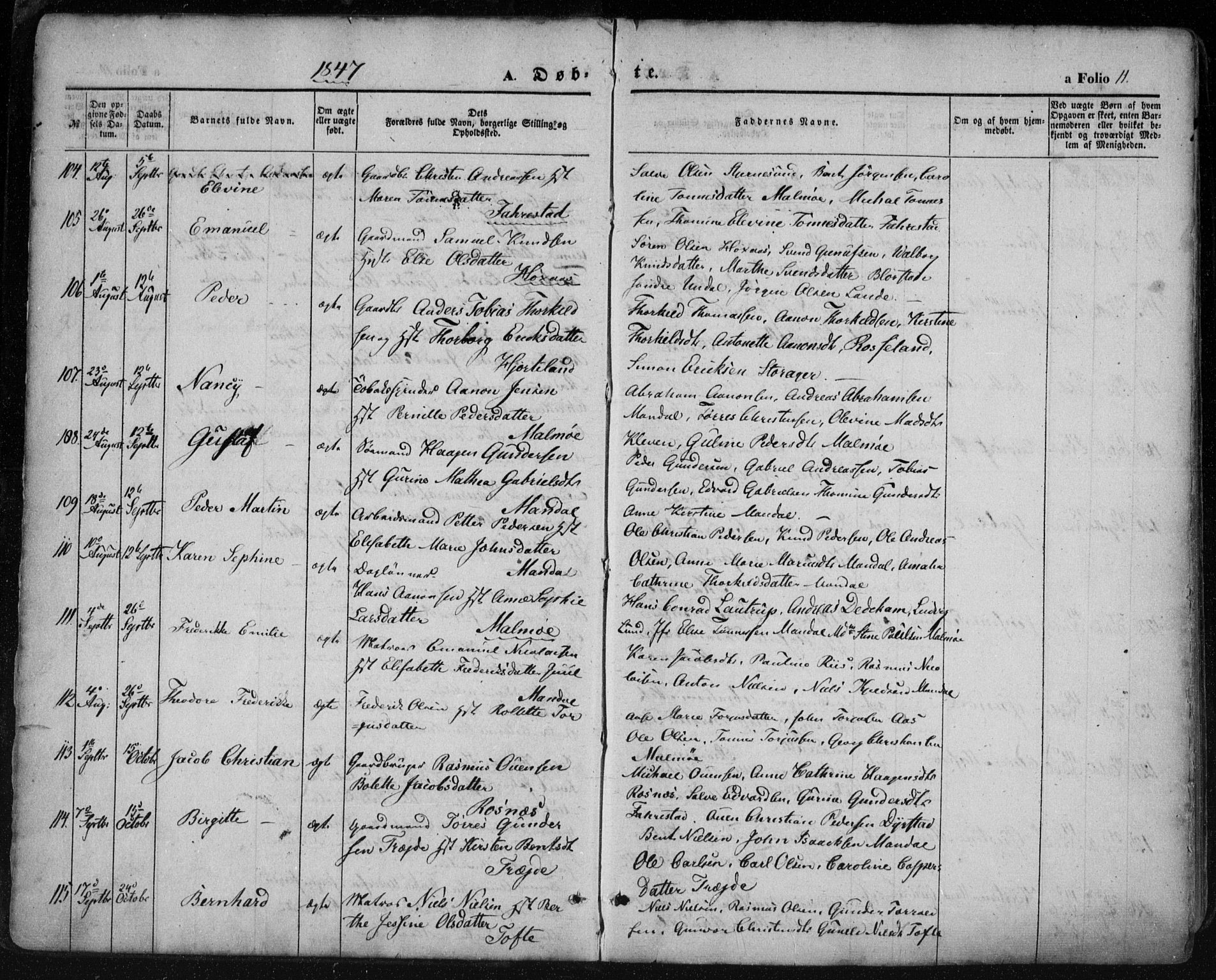 Mandal sokneprestkontor, AV/SAK-1111-0030/F/Fa/Faa/L0013: Parish register (official) no. A 13, 1847-1859, p. 11