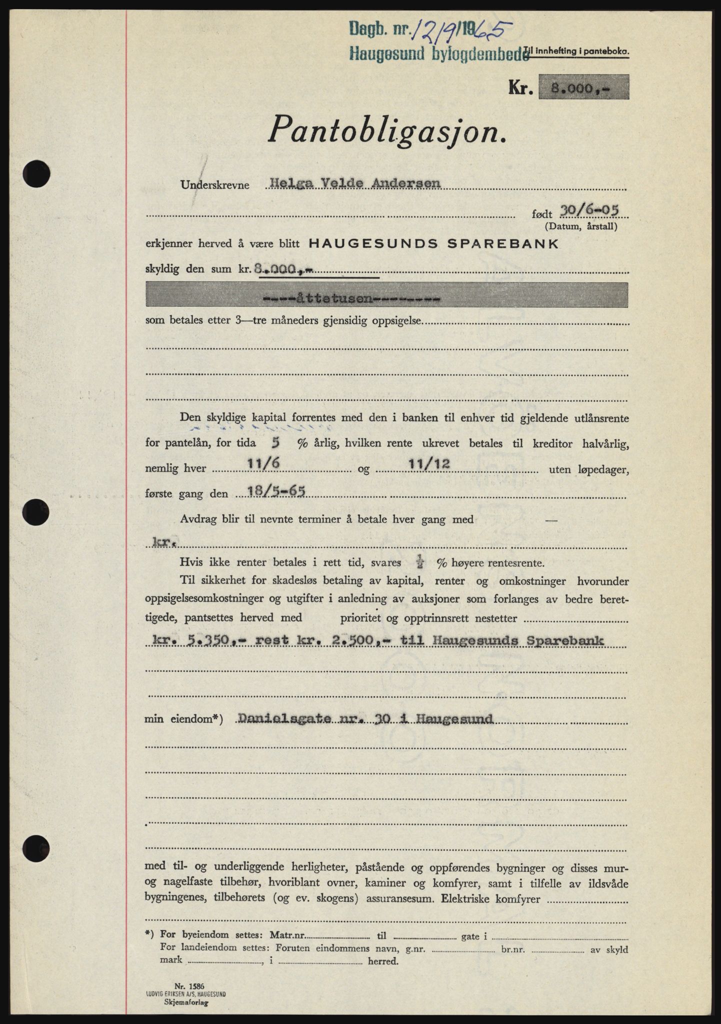 Haugesund tingrett, SAST/A-101415/01/II/IIC/L0053: Mortgage book no. B 53, 1965-1965, Diary no: : 1219/1965