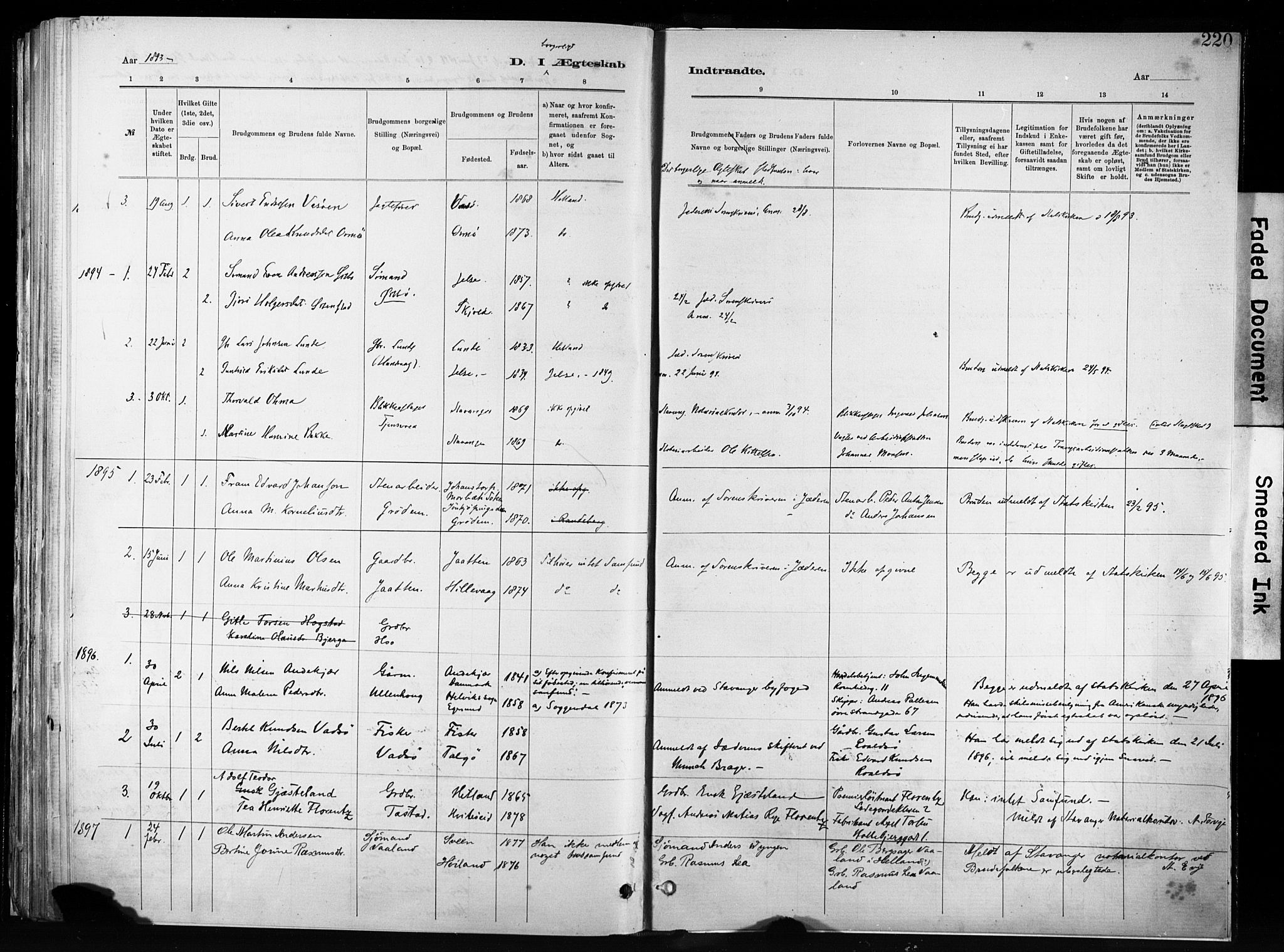 Hetland sokneprestkontor, SAST/A-101826/30/30BA/L0011: Parish register (official) no. A 11, 1884-1911, p. 220