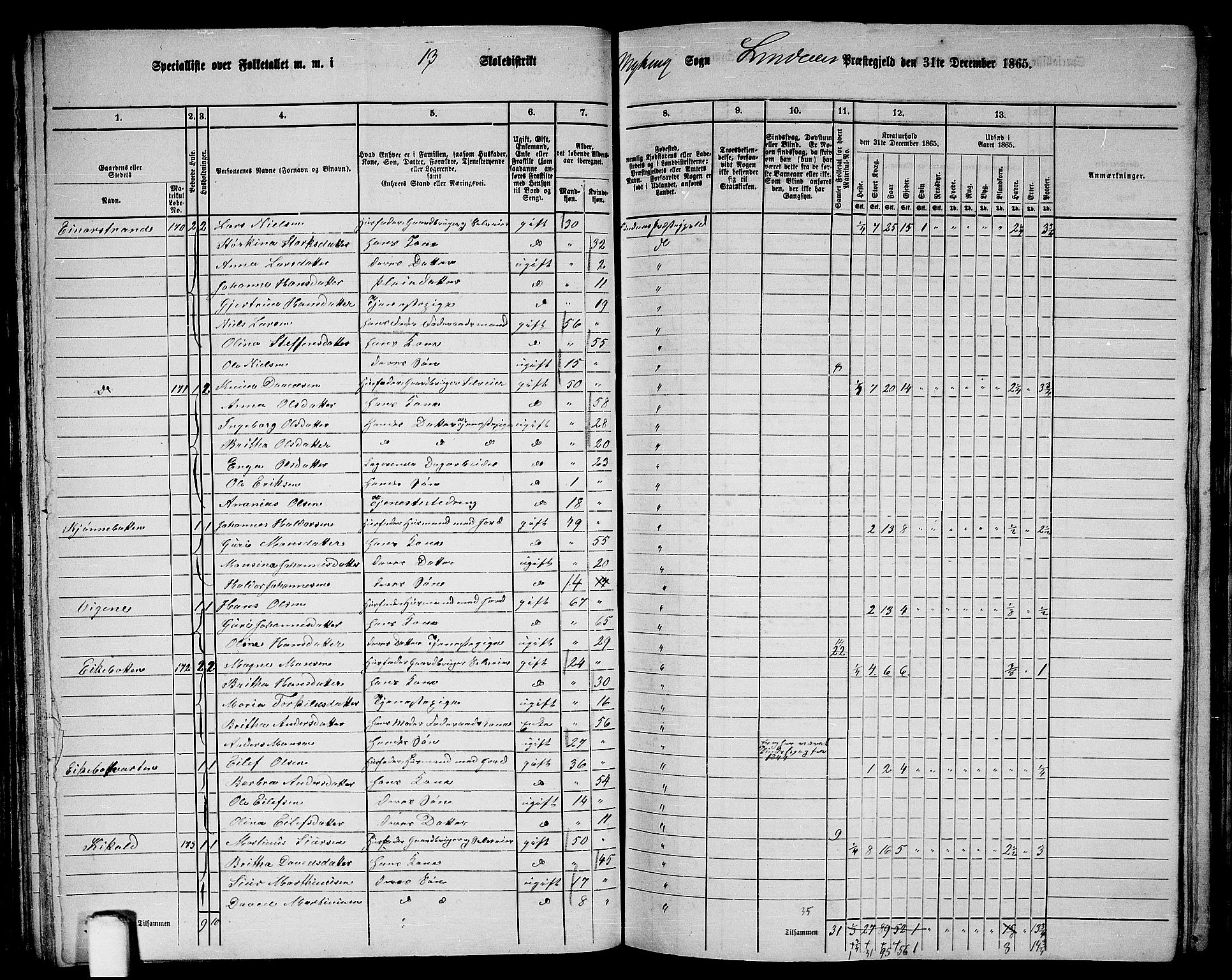 RA, 1865 census for Lindås, 1865, p. 95