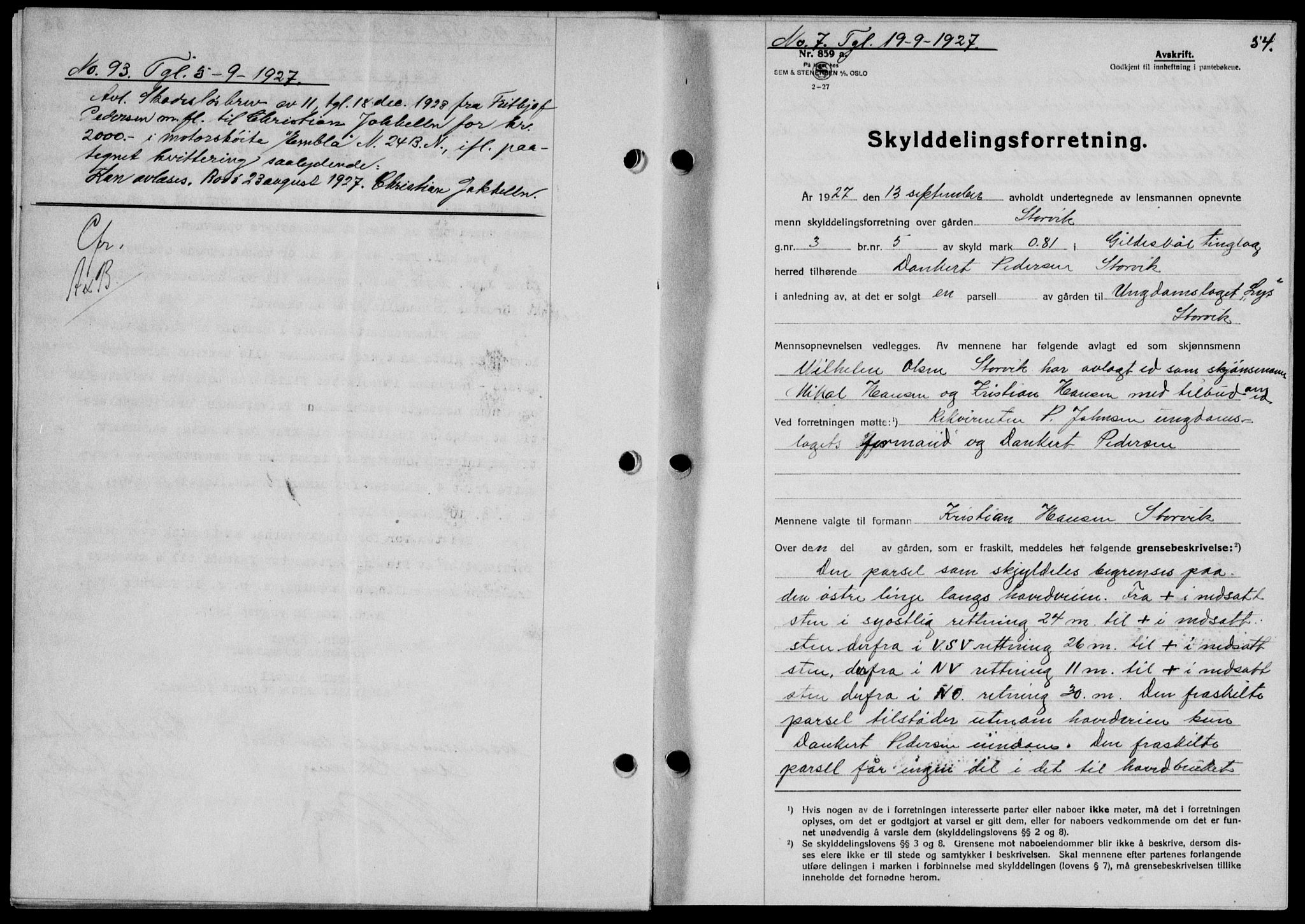 Salten sorenskriveri, SAT/A-4578/1/2/2C/L0055: Mortgage book no. 45, 1927-1928, Deed date: 19.09.1927