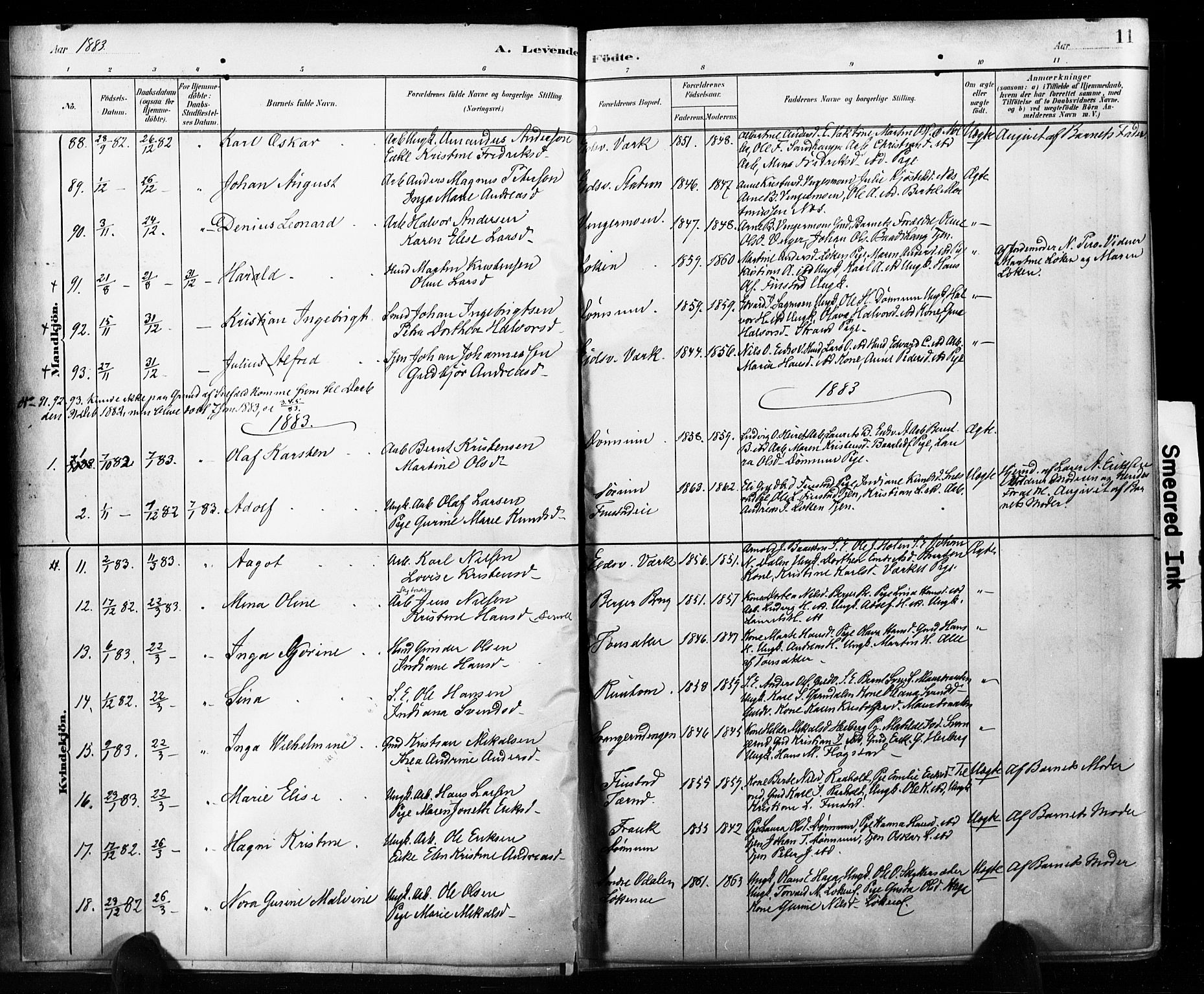 Eidsvoll prestekontor Kirkebøker, AV/SAO-A-10888/F/Fa/L0002: Parish register (official) no. I 2, 1882-1895, p. 11