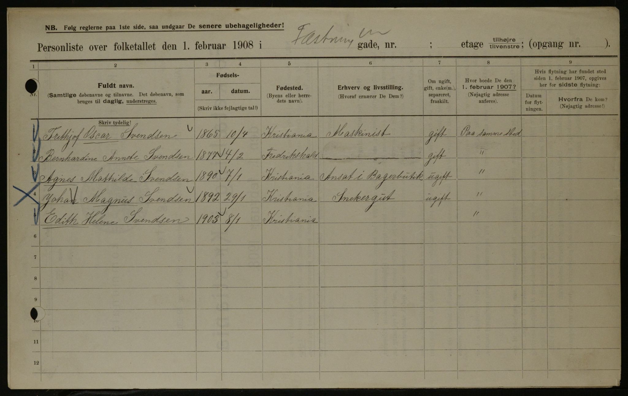 OBA, Municipal Census 1908 for Kristiania, 1908, p. 1005