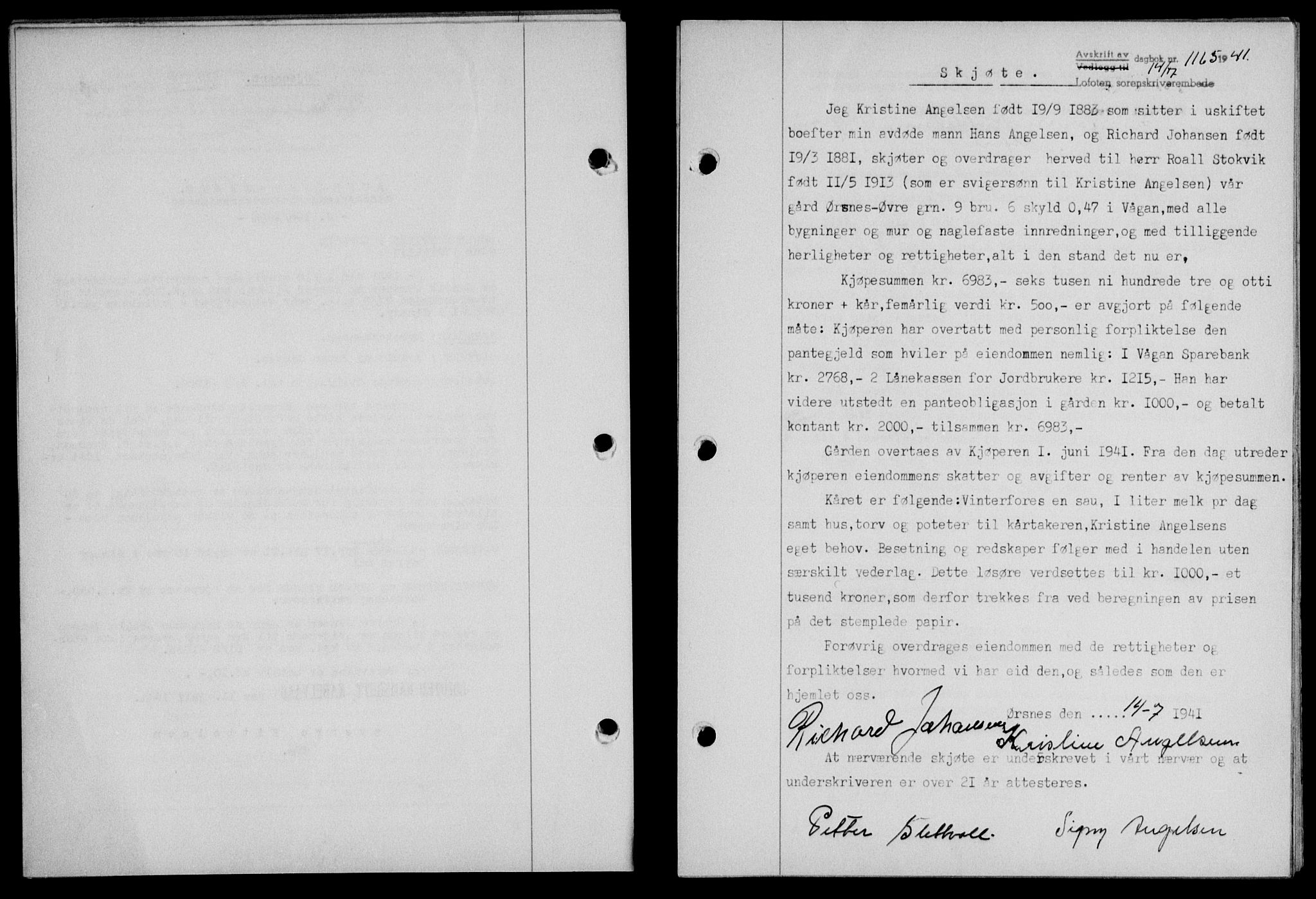Lofoten sorenskriveri, SAT/A-0017/1/2/2C/L0008a: Mortgage book no. 8a, 1940-1941, Diary no: : 1165/1941