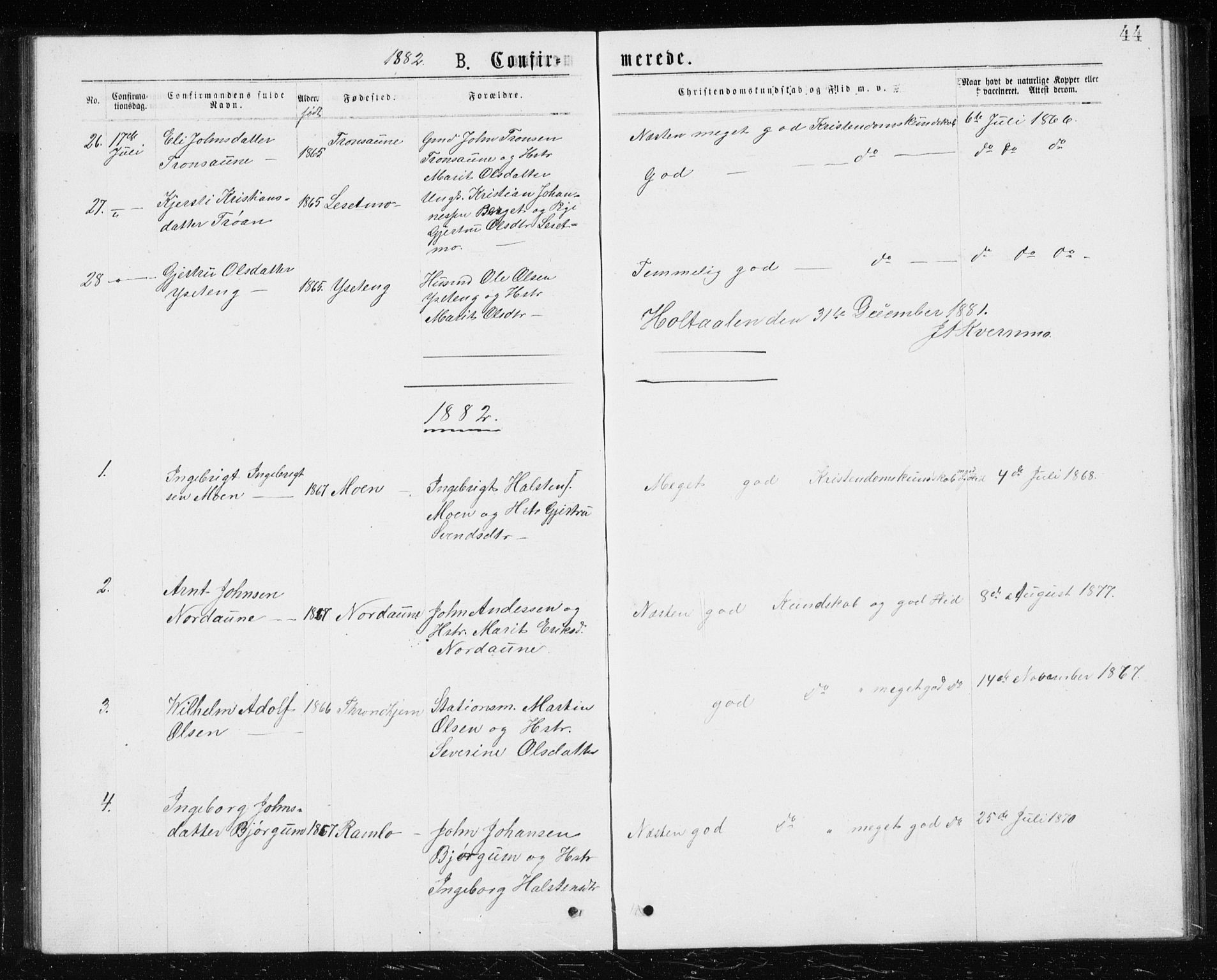Ministerialprotokoller, klokkerbøker og fødselsregistre - Sør-Trøndelag, SAT/A-1456/685/L0977: Parish register (copy) no. 685C02, 1879-1890, p. 44