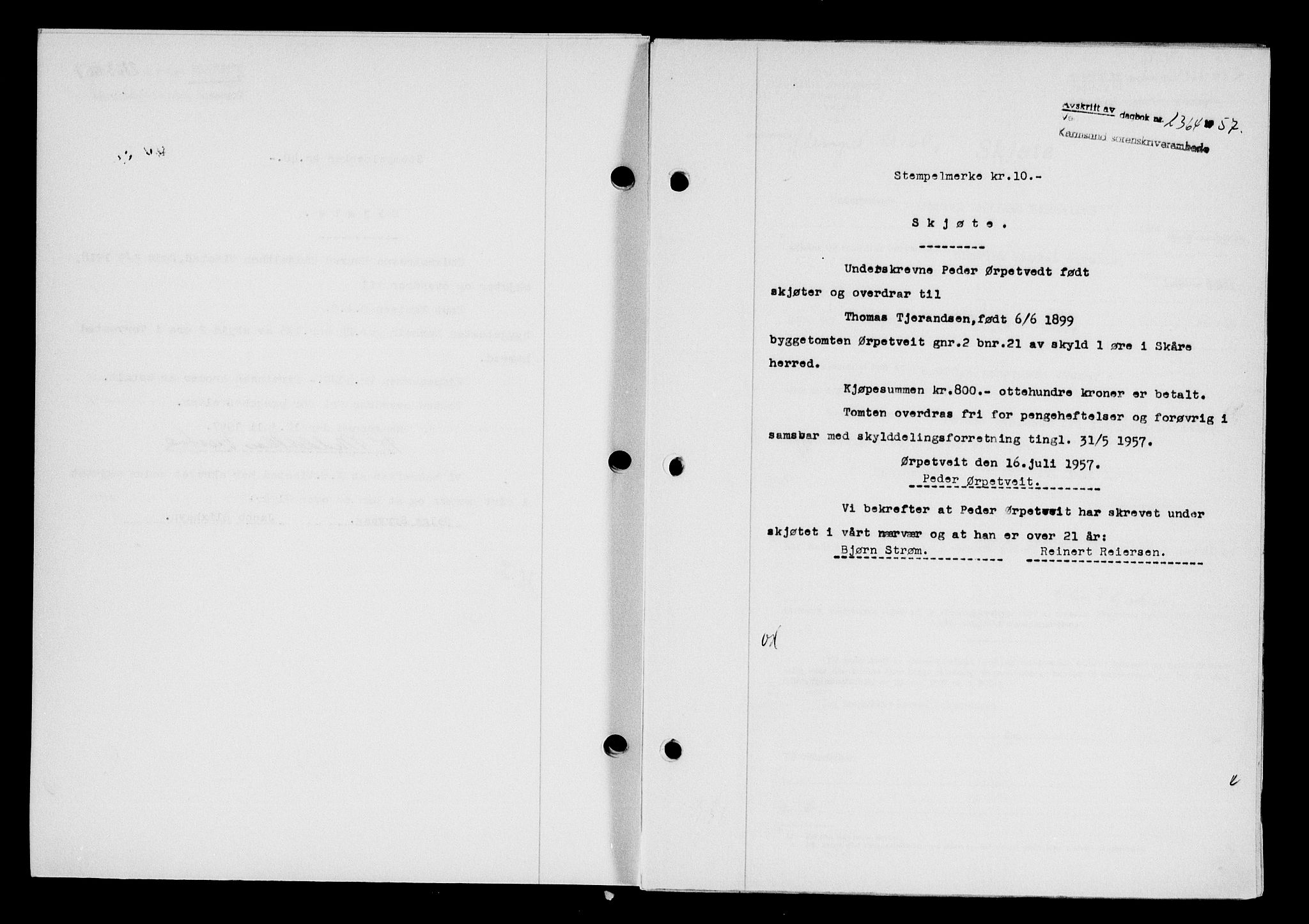 Karmsund sorenskriveri, SAST/A-100311/01/II/IIB/L0125: Mortgage book no. 105A, 1957-1957, Diary no: : 2364/1957