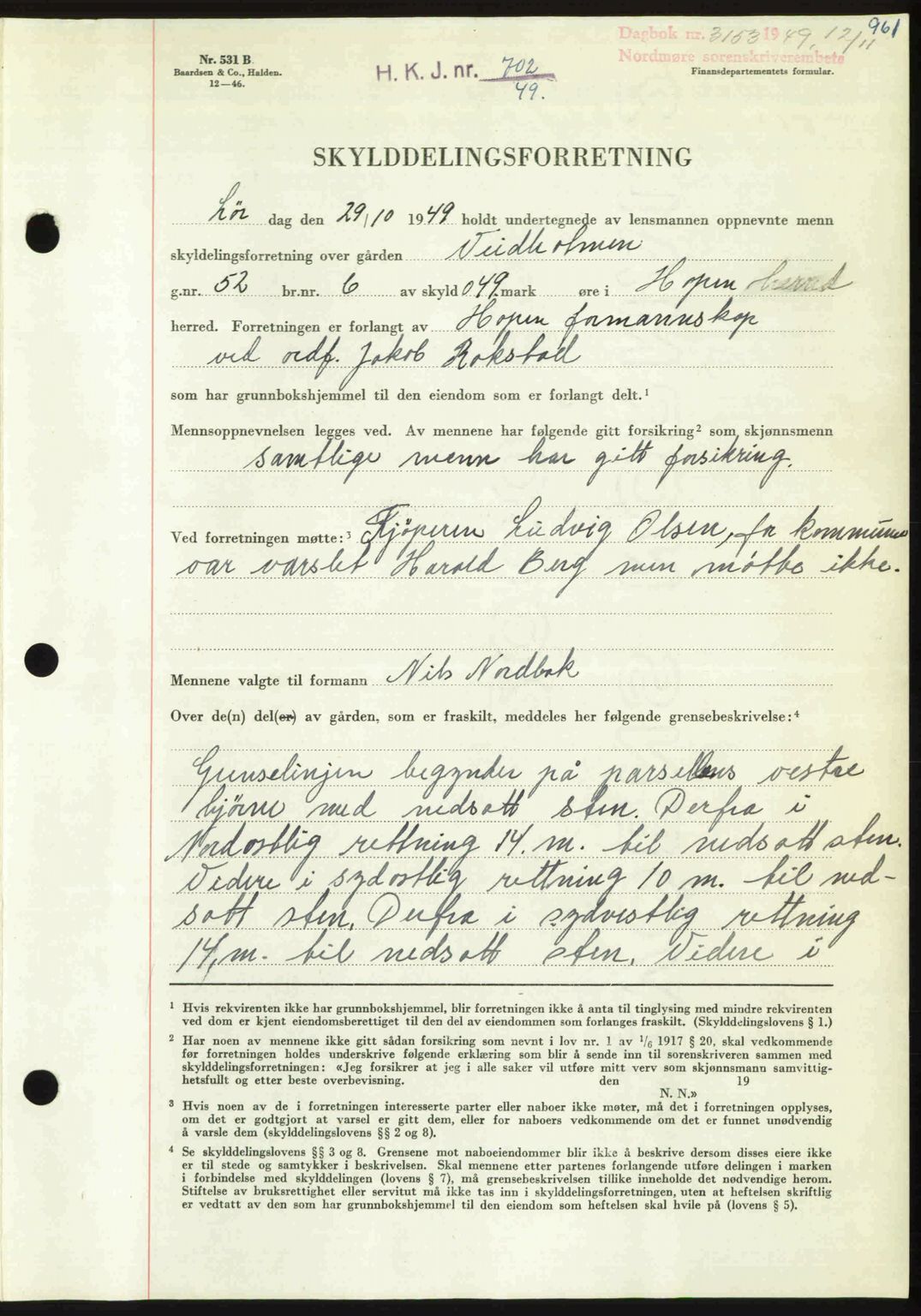 Nordmøre sorenskriveri, AV/SAT-A-4132/1/2/2Ca: Mortgage book no. A112, 1949-1949, Diary no: : 3153/1949