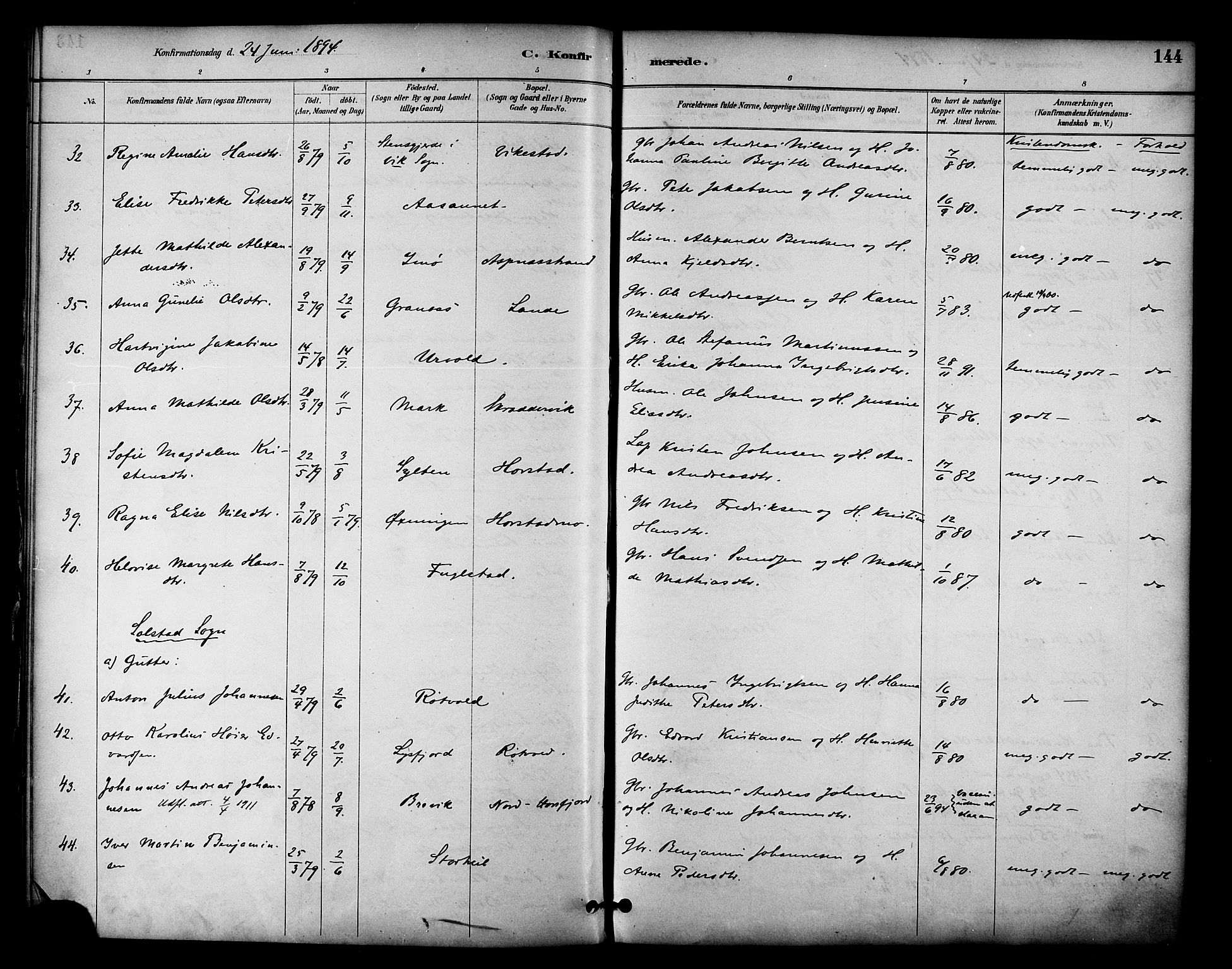 Ministerialprotokoller, klokkerbøker og fødselsregistre - Nordland, AV/SAT-A-1459/810/L0150: Parish register (official) no. 810A10 /1, 1884-1895, p. 144