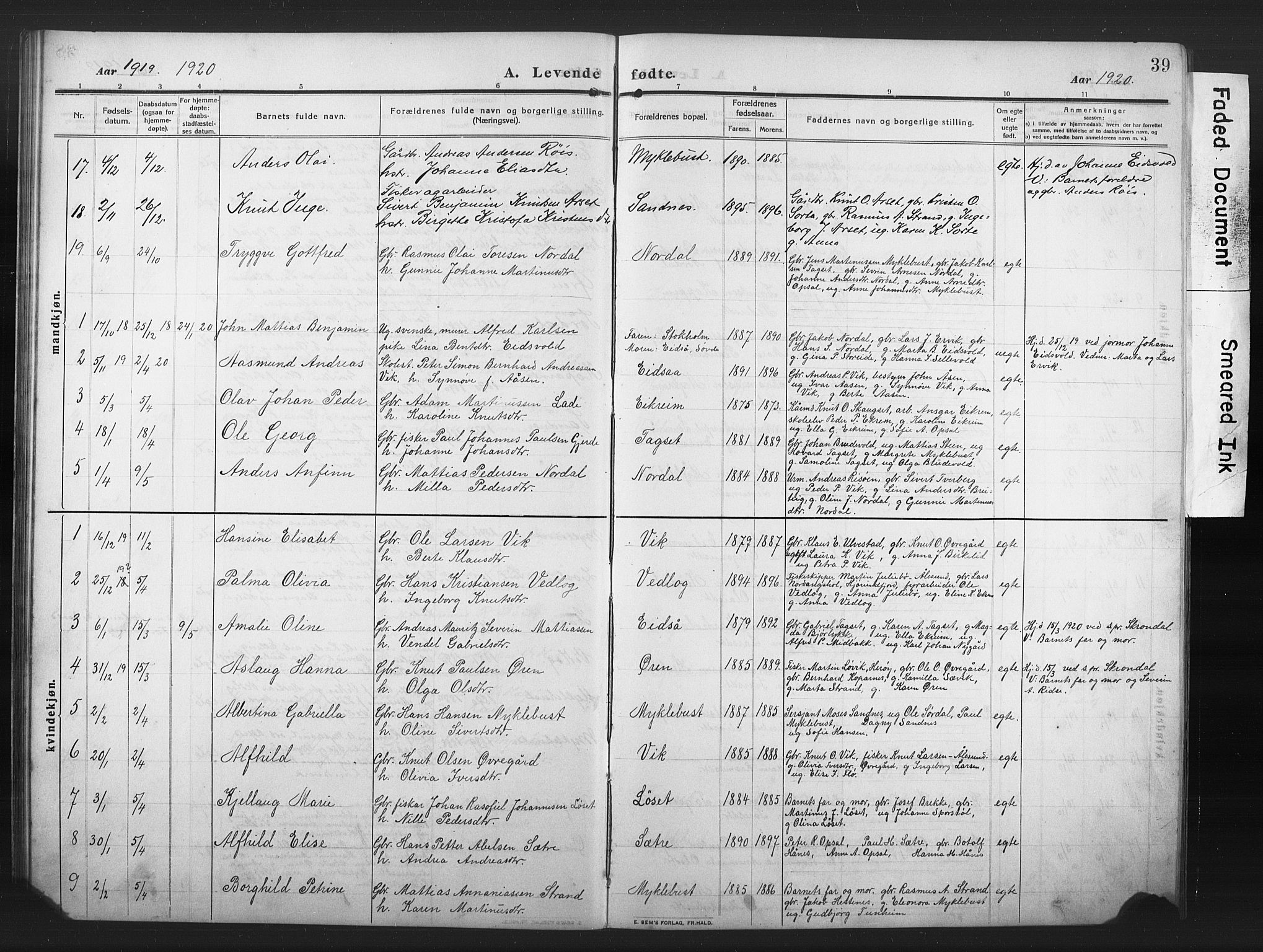 Ministerialprotokoller, klokkerbøker og fødselsregistre - Møre og Romsdal, AV/SAT-A-1454/502/L0028: Parish register (copy) no. 502C02, 1909-1932, p. 39