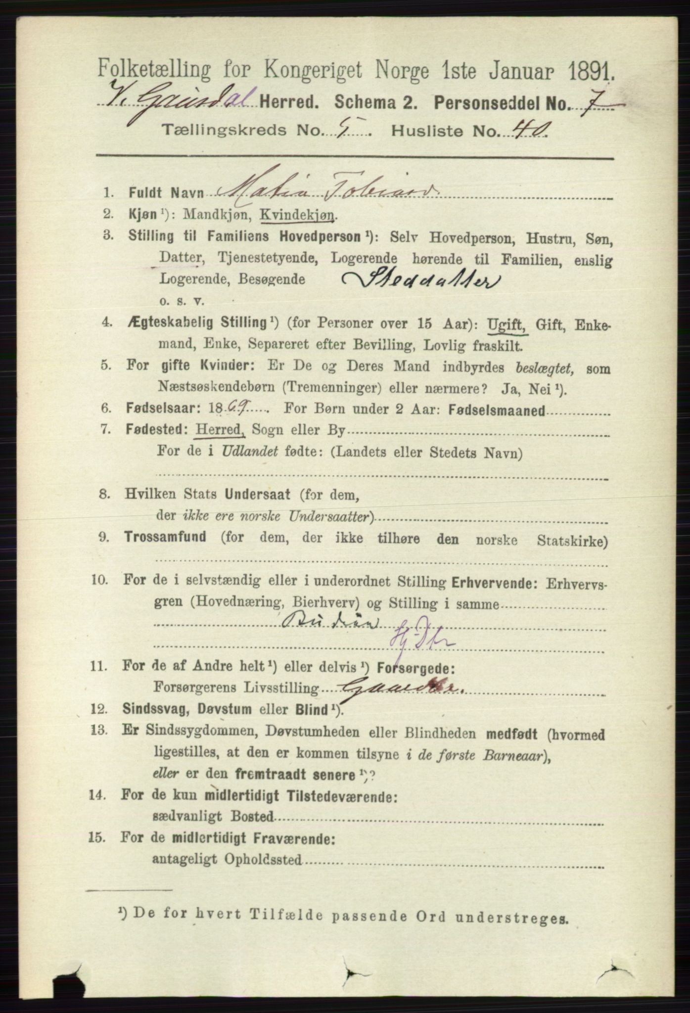 RA, 1891 census for 0523 Vestre Gausdal, 1891, p. 2392