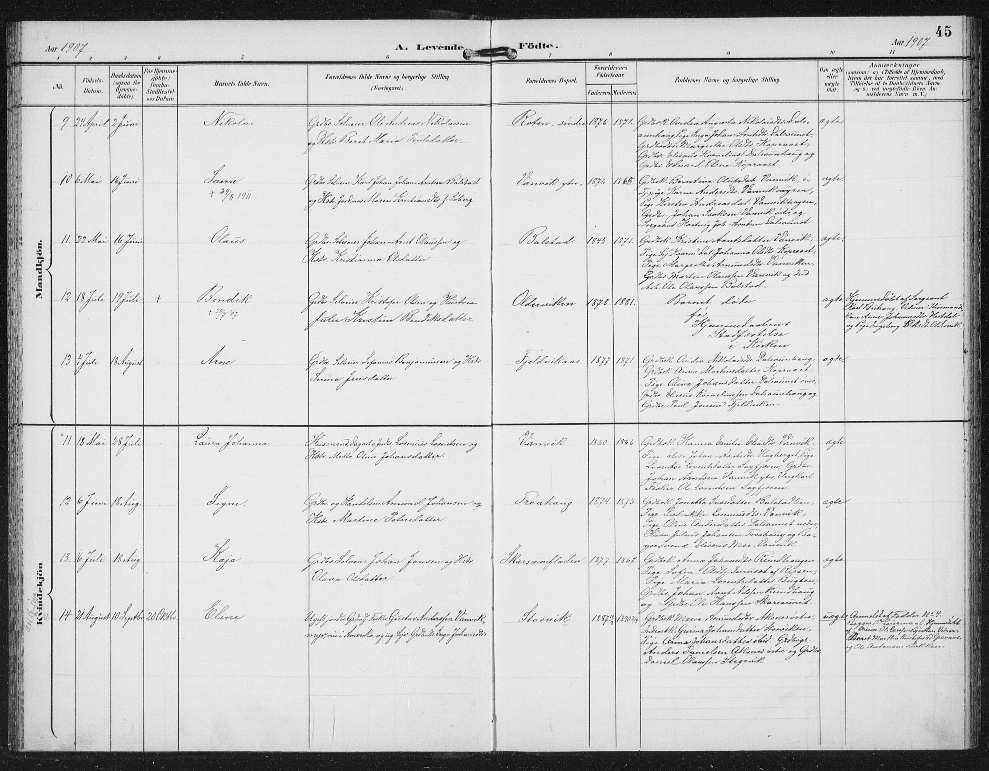 Ministerialprotokoller, klokkerbøker og fødselsregistre - Nord-Trøndelag, SAT/A-1458/702/L0024: Parish register (official) no. 702A02, 1898-1914, p. 45