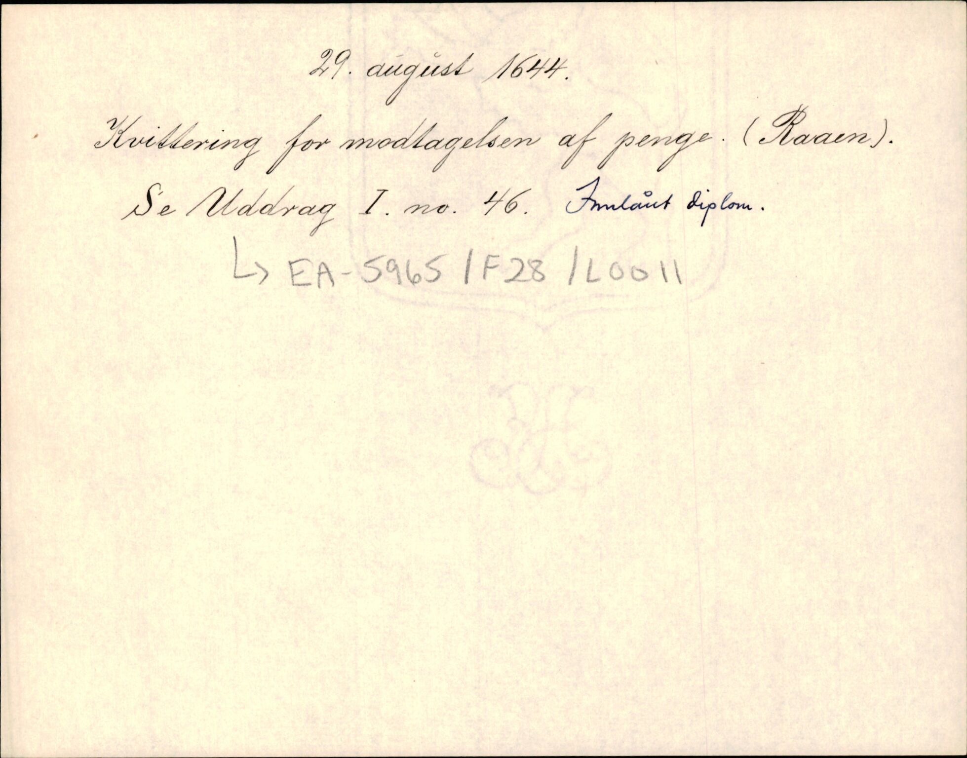 Riksarkivets diplomsamling, AV/RA-EA-5965/F35/F35d/L0004: Innlånte diplomer, seddelregister, 1643-1660, p. 47