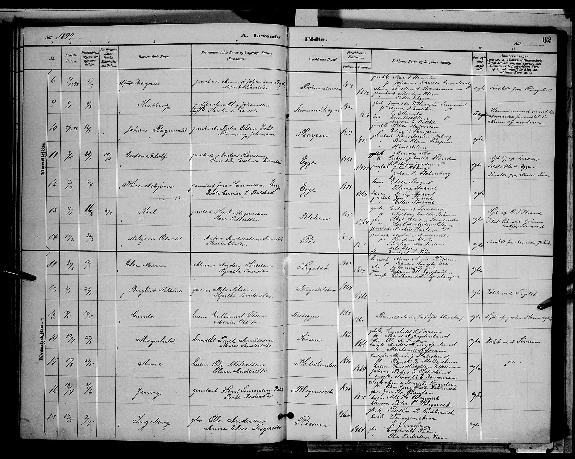 Gran prestekontor, AV/SAH-PREST-112/H/Ha/Hab/L0004: Parish register (copy) no. 4, 1890-1899, p. 62