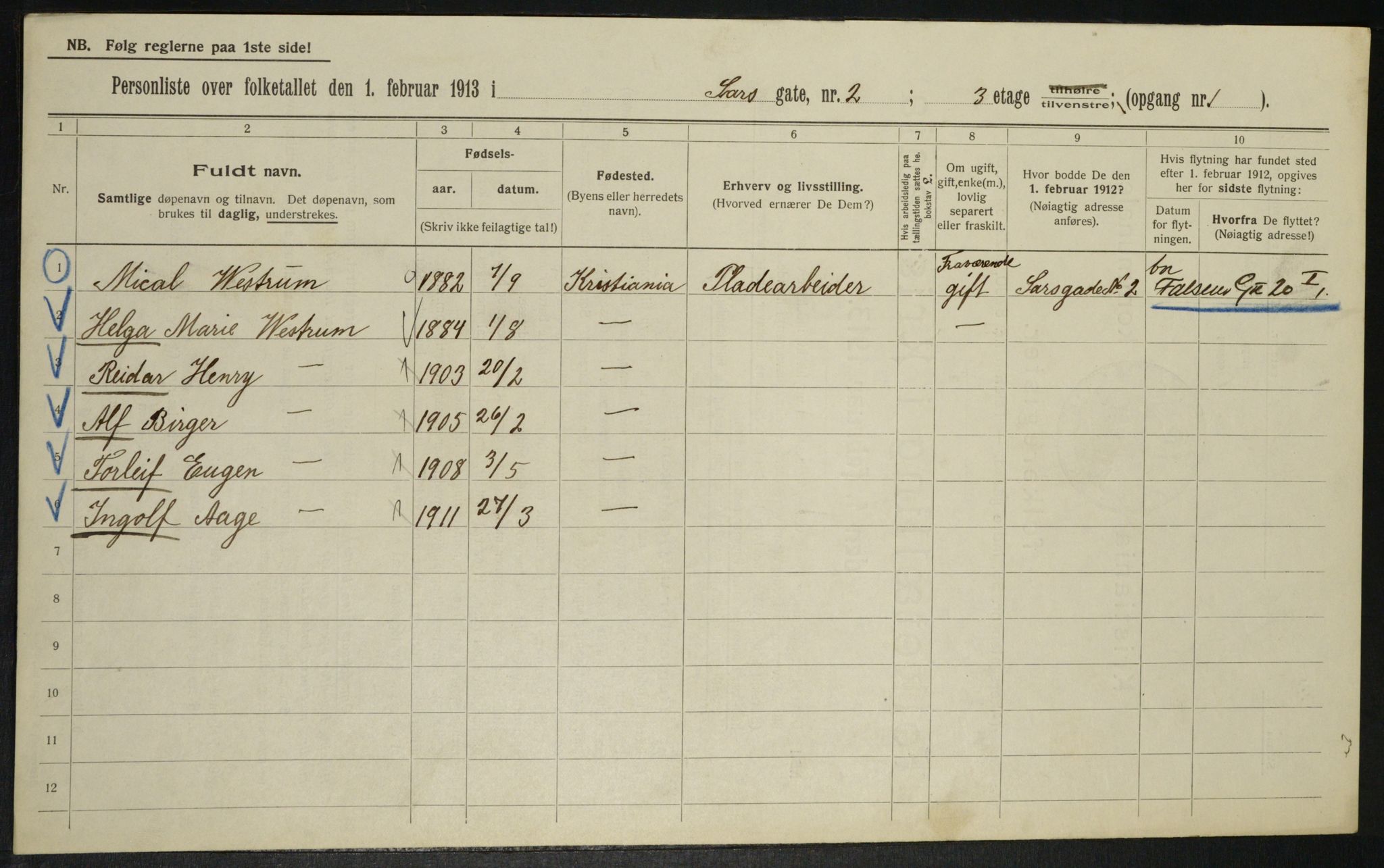 OBA, Municipal Census 1913 for Kristiania, 1913, p. 89280