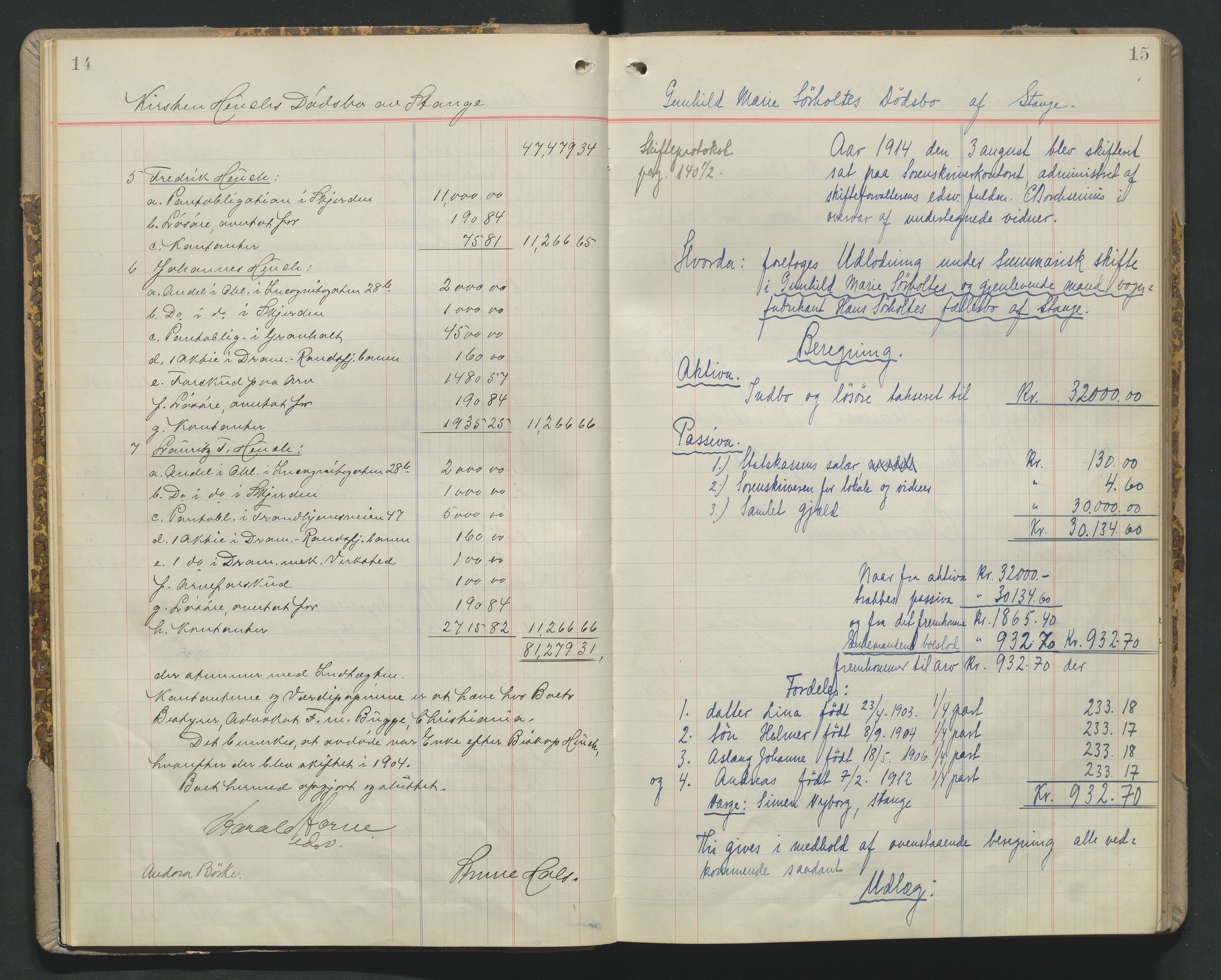 Sør-Hedmark sorenskriveri, AV/SAH-TING-014/J/Ja/Jad/L0004: Skifteutlodningsprotokoll - landet, 1913-1919, p. 14-15