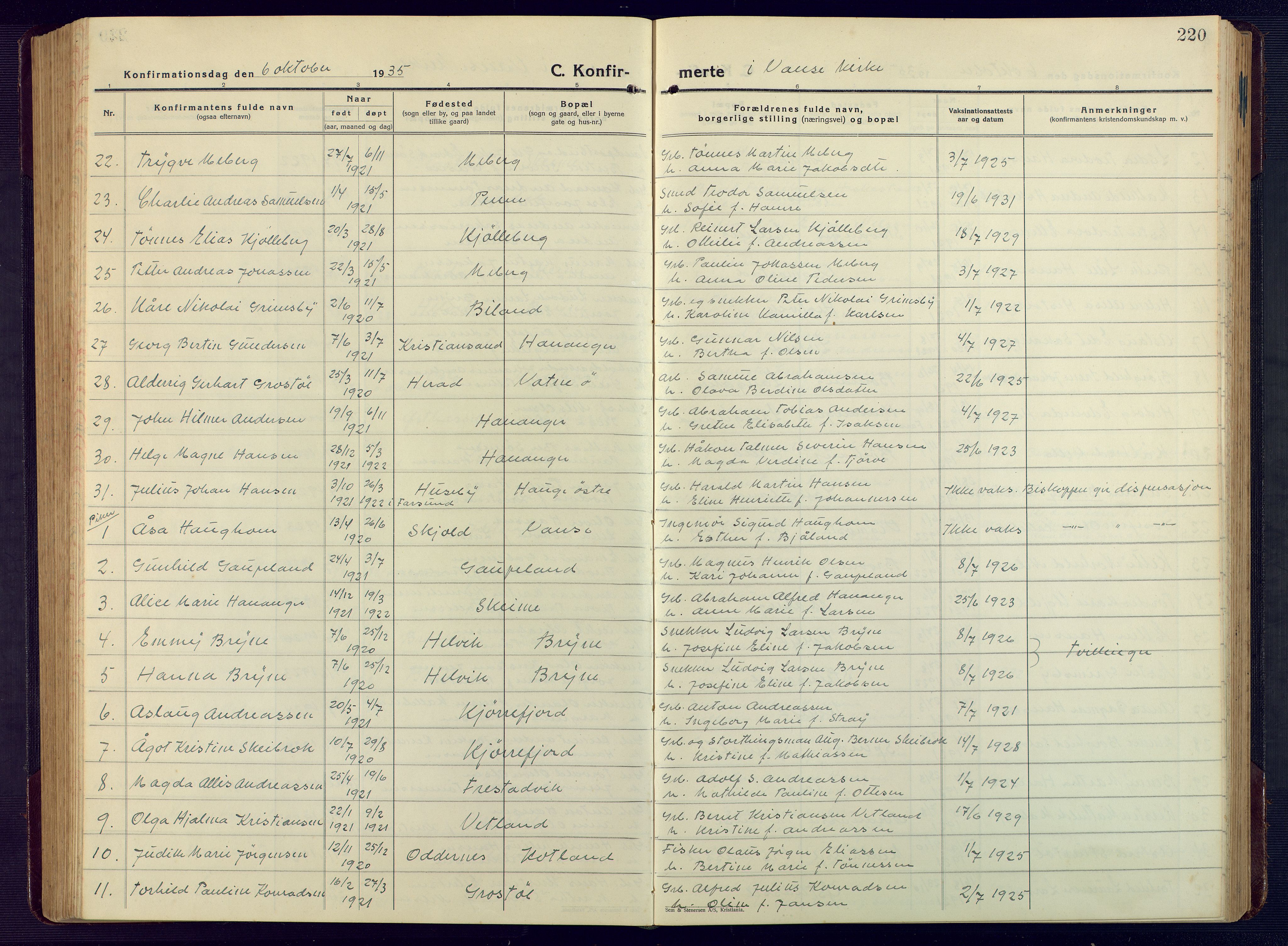 Lista sokneprestkontor, AV/SAK-1111-0027/F/Fb/L0006: Parish register (copy) no. B 6, 1924-1947, p. 220