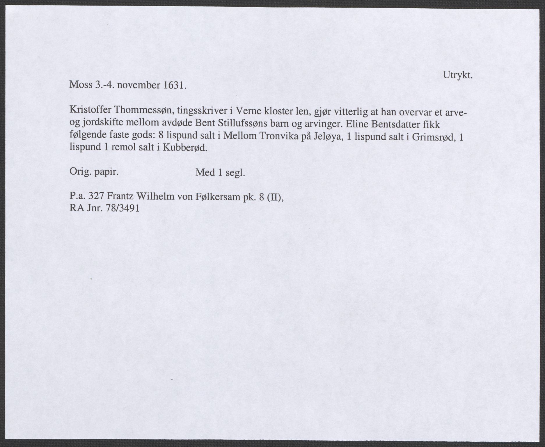 Riksarkivets diplomsamling, RA/EA-5965/F12/L0008: Pk. 8 (II), 1602-1704, p. 59