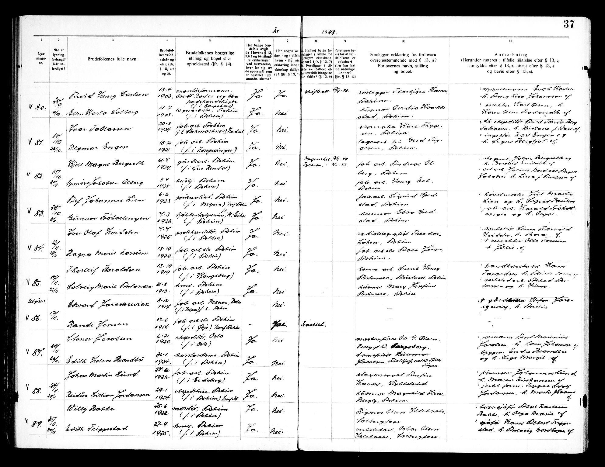 Askim prestekontor Kirkebøker, SAO/A-10900/H/Ha/L0002: Banns register no. 2, 1941-1955, p. 37