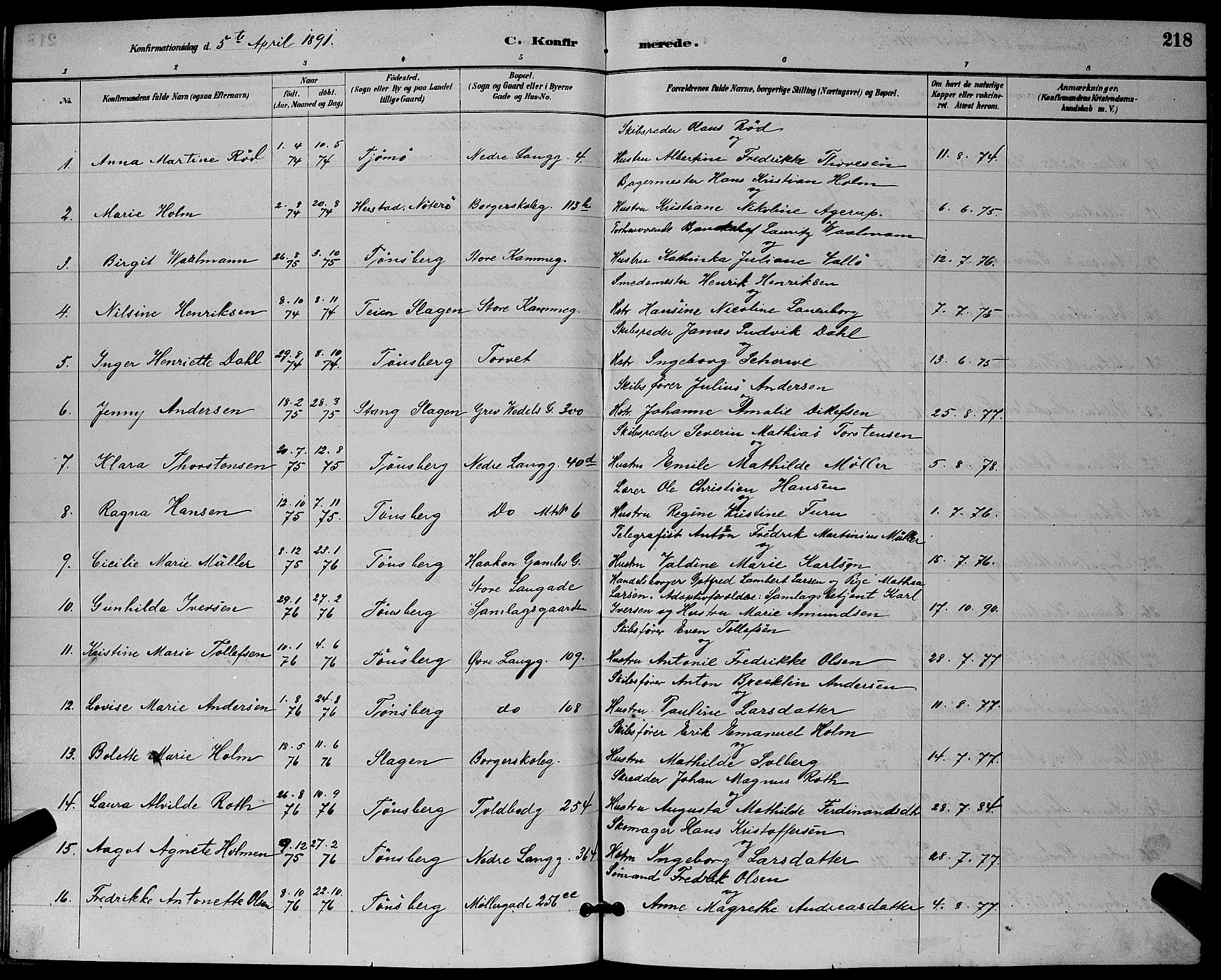 Tønsberg kirkebøker, AV/SAKO-A-330/G/Ga/L0006: Parish register (copy) no. 6, 1885-1895, p. 218