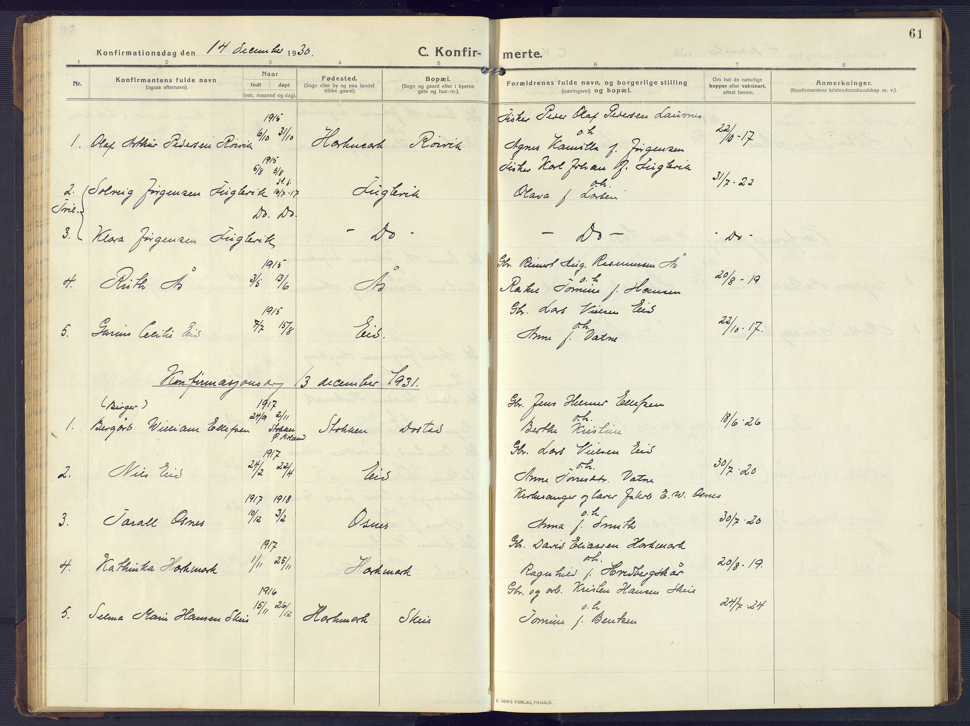 Mandal sokneprestkontor, SAK/1111-0030/F/Fb/Fbb/L0005: Parish register (copy) no. B 5, 1913-1957, p. 61