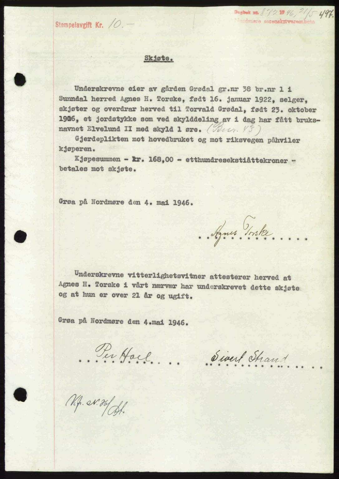 Nordmøre sorenskriveri, AV/SAT-A-4132/1/2/2Ca: Mortgage book no. A101, 1946-1946, Diary no: : 872/1946