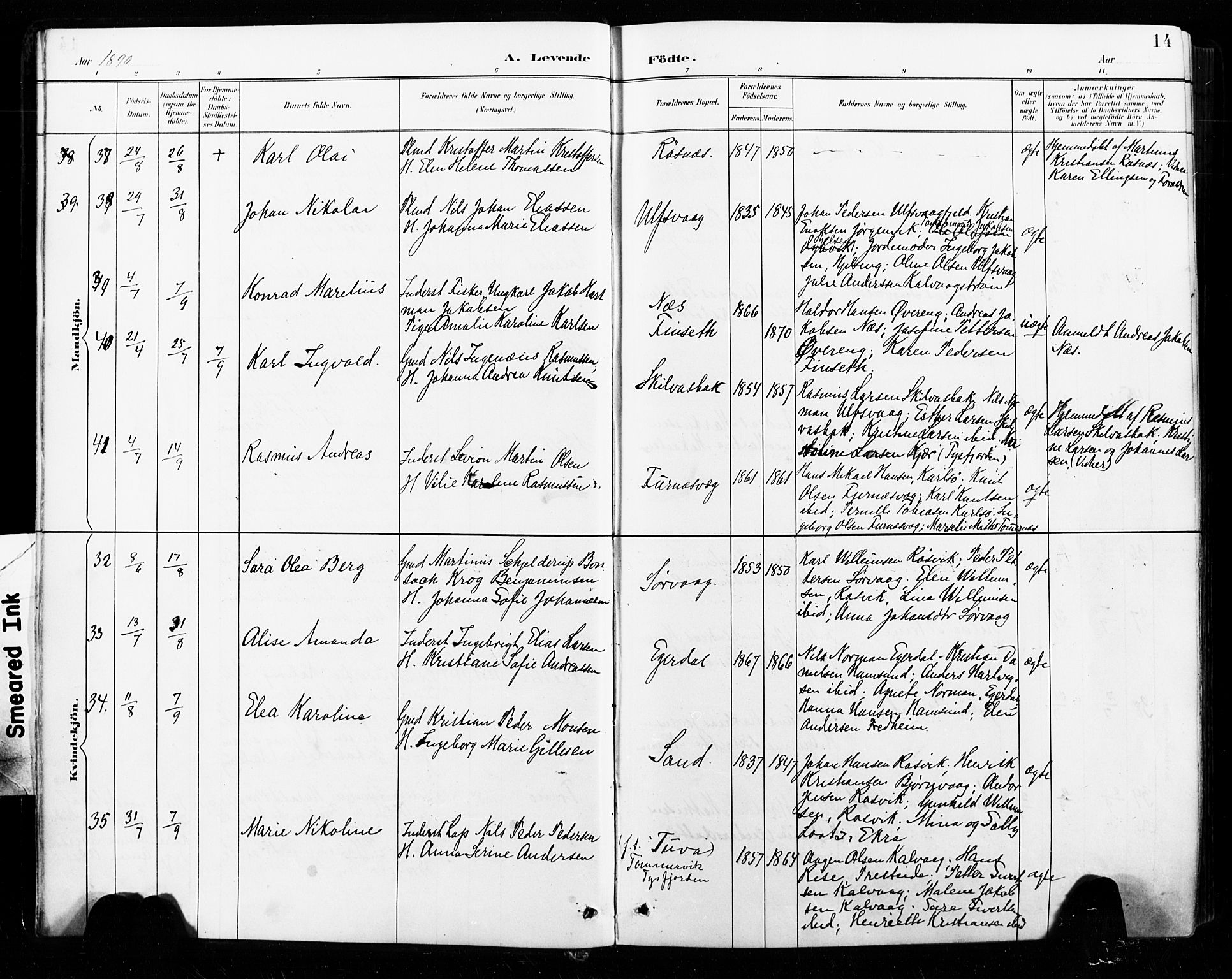 Ministerialprotokoller, klokkerbøker og fødselsregistre - Nordland, SAT/A-1459/859/L0847: Parish register (official) no. 859A07, 1890-1899, p. 14