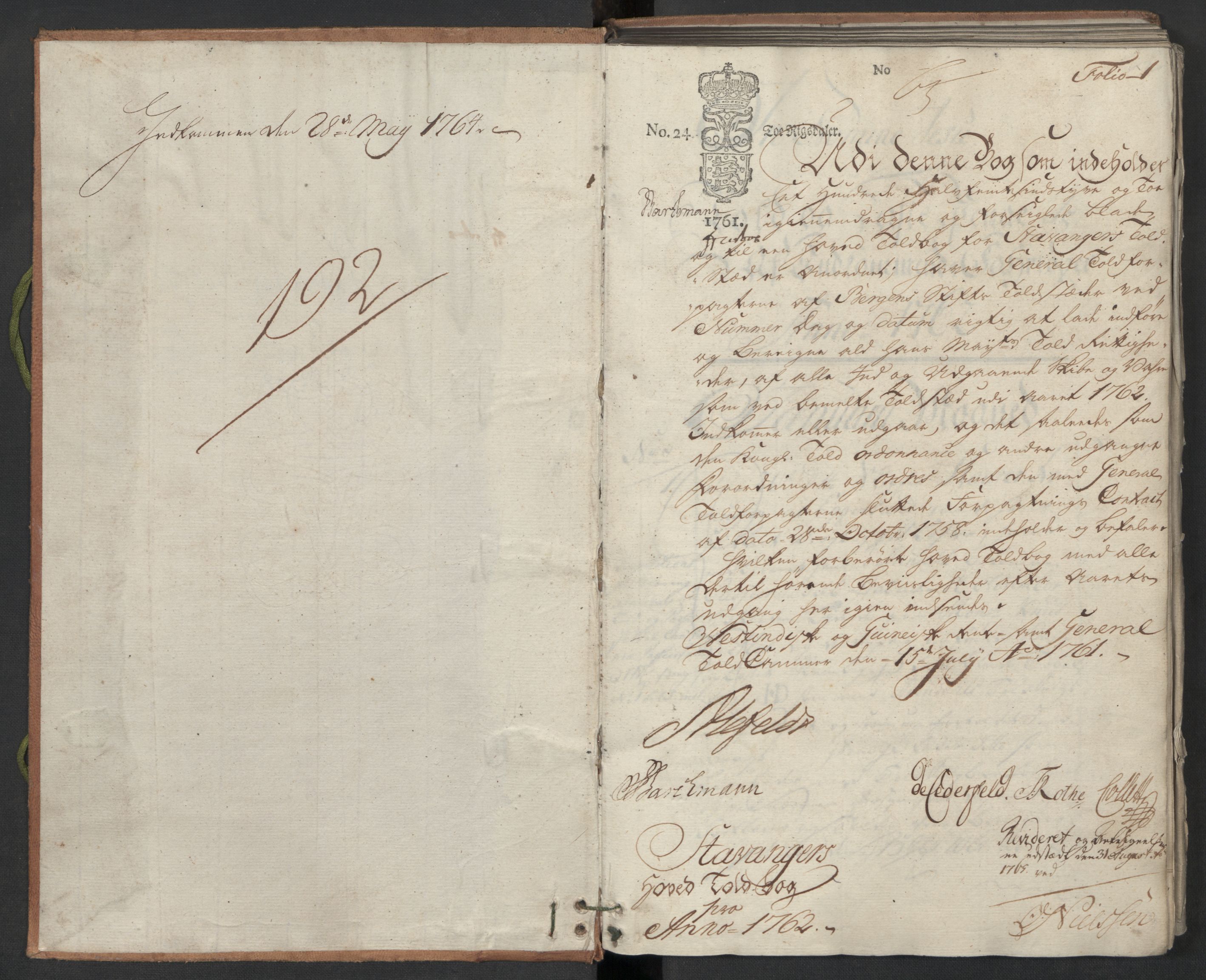 Generaltollkammeret, tollregnskaper, RA/EA-5490/R22/L0024/0001: Tollregnskaper Stavanger / Hovedtollbok, 1762, p. 1a