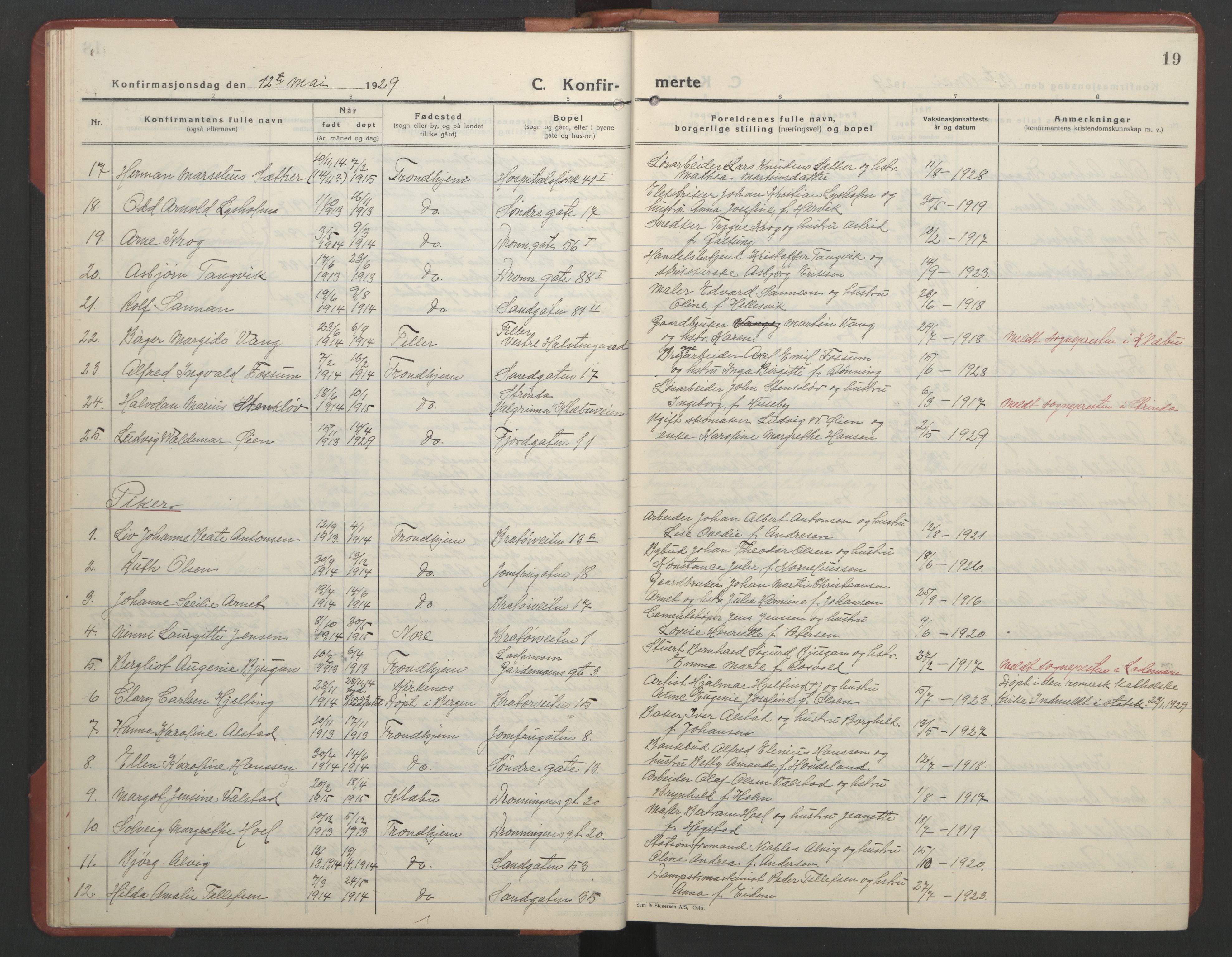 Ministerialprotokoller, klokkerbøker og fødselsregistre - Sør-Trøndelag, SAT/A-1456/602/L0151: Parish register (copy) no. 602C19, 1925-1951, p. 19