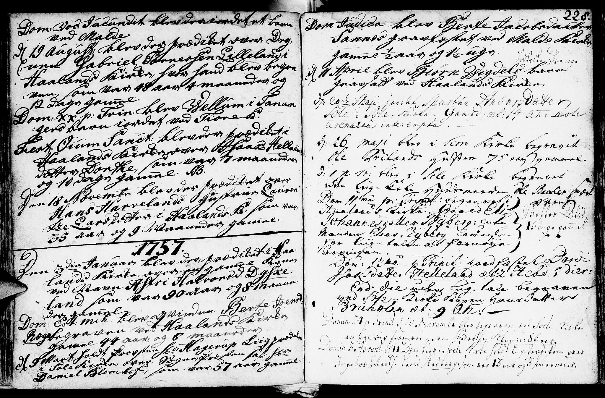 Håland sokneprestkontor, AV/SAST-A-101802/001/30BA/L0002: Parish register (official) no. A 2, 1722-1794, p. 228