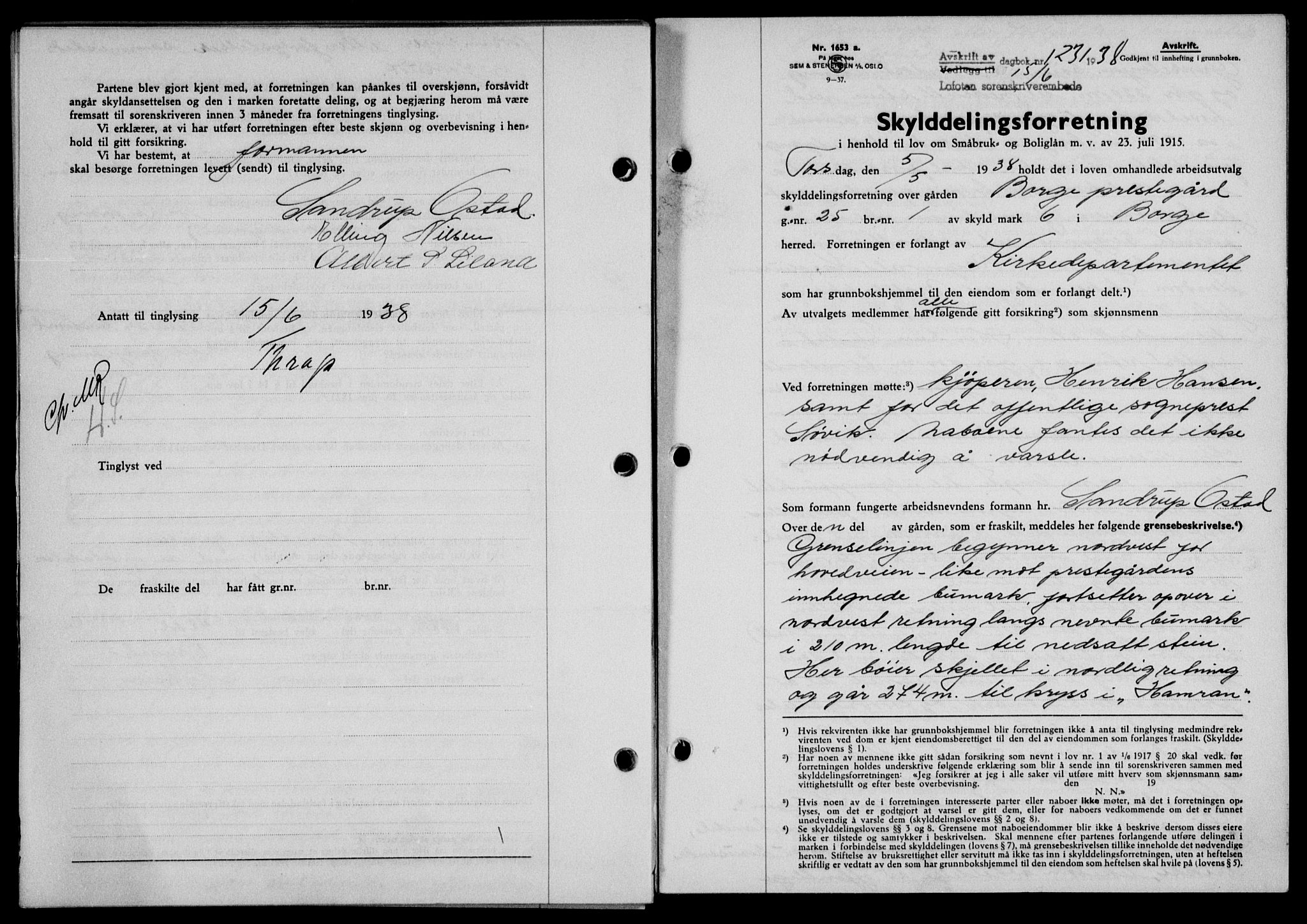 Lofoten sorenskriveri, SAT/A-0017/1/2/2C/L0004a: Mortgage book no. 4a, 1938-1938, Diary no: : 1231/1938