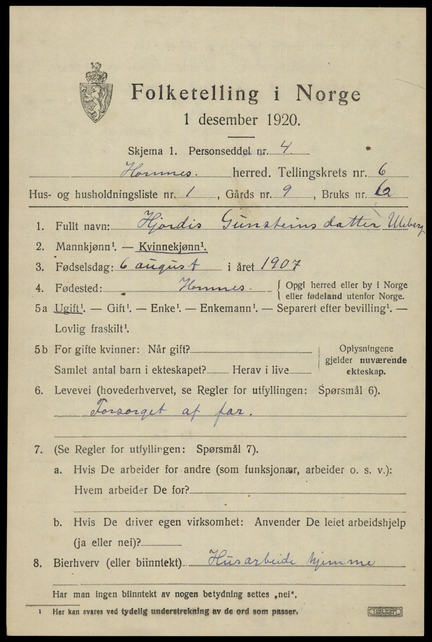 SAK, 1920 census for Hornnes, 1920, p. 1563